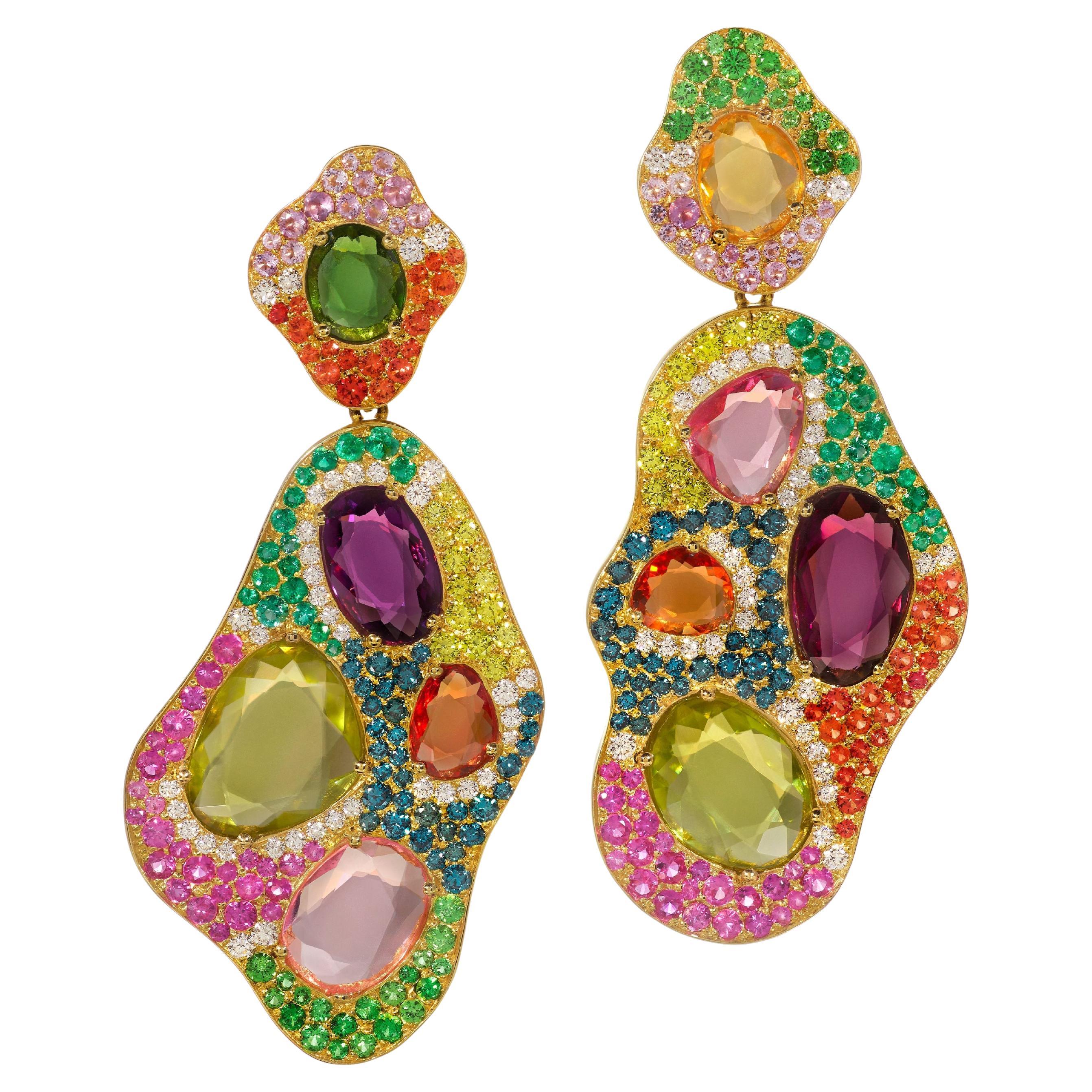 Sapphire, Diamond, Emerald, Garnet and Amethyst Drop Earrings set in Yellow Gold