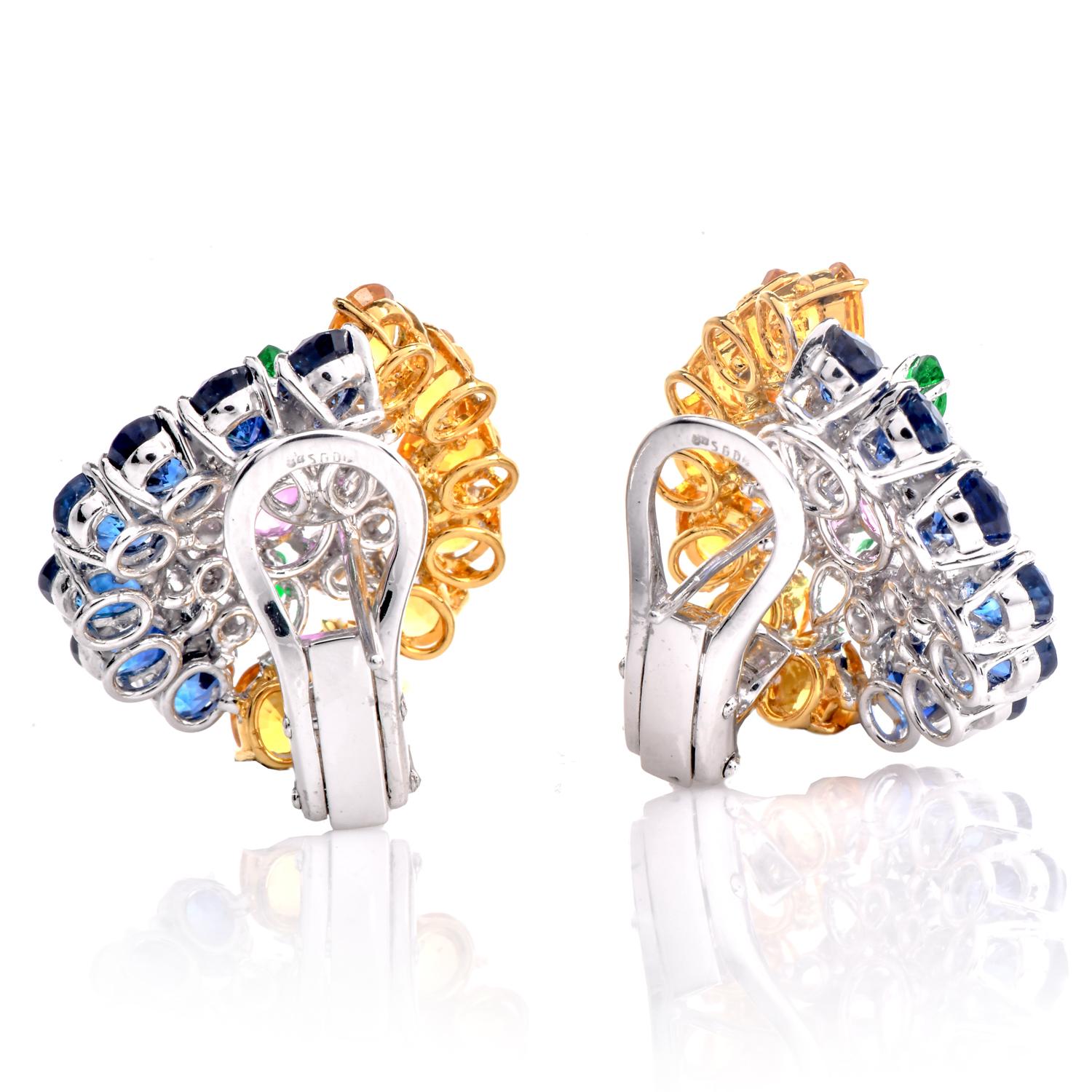 GIA Sapphire Diamond Emerald Platinum 18K Gold Floral Cluster Statement Earrings In Excellent Condition For Sale In Miami, FL
