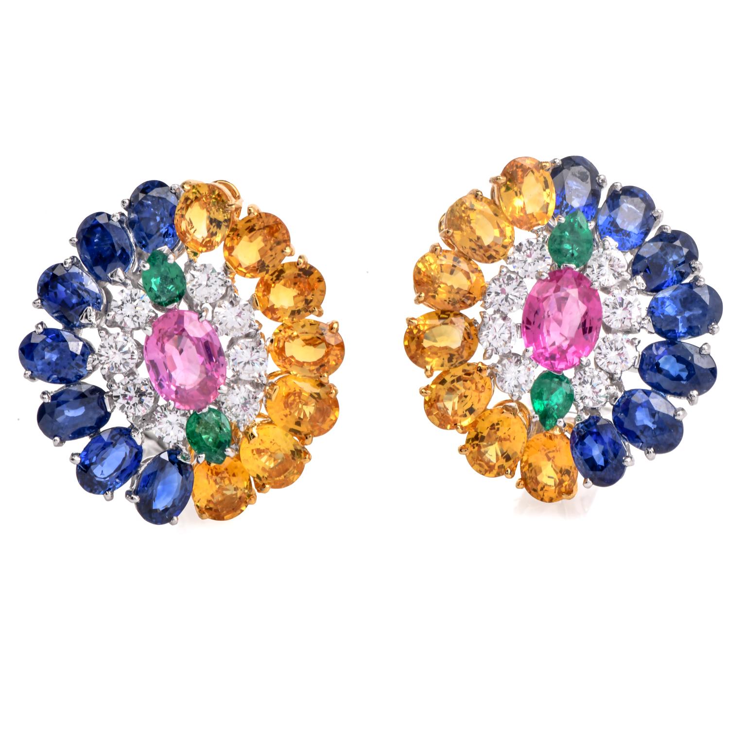 Women's GIA Sapphire Diamond Emerald Platinum 18K Gold Floral Cluster Statement Earrings For Sale