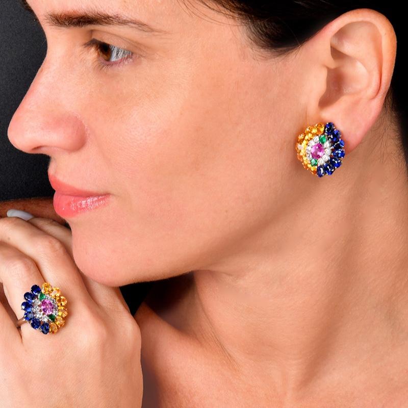 Oval Cut GIA Sapphire Diamond Emerald Platinum 18K Gold Floral Cluster Statement Earrings For Sale