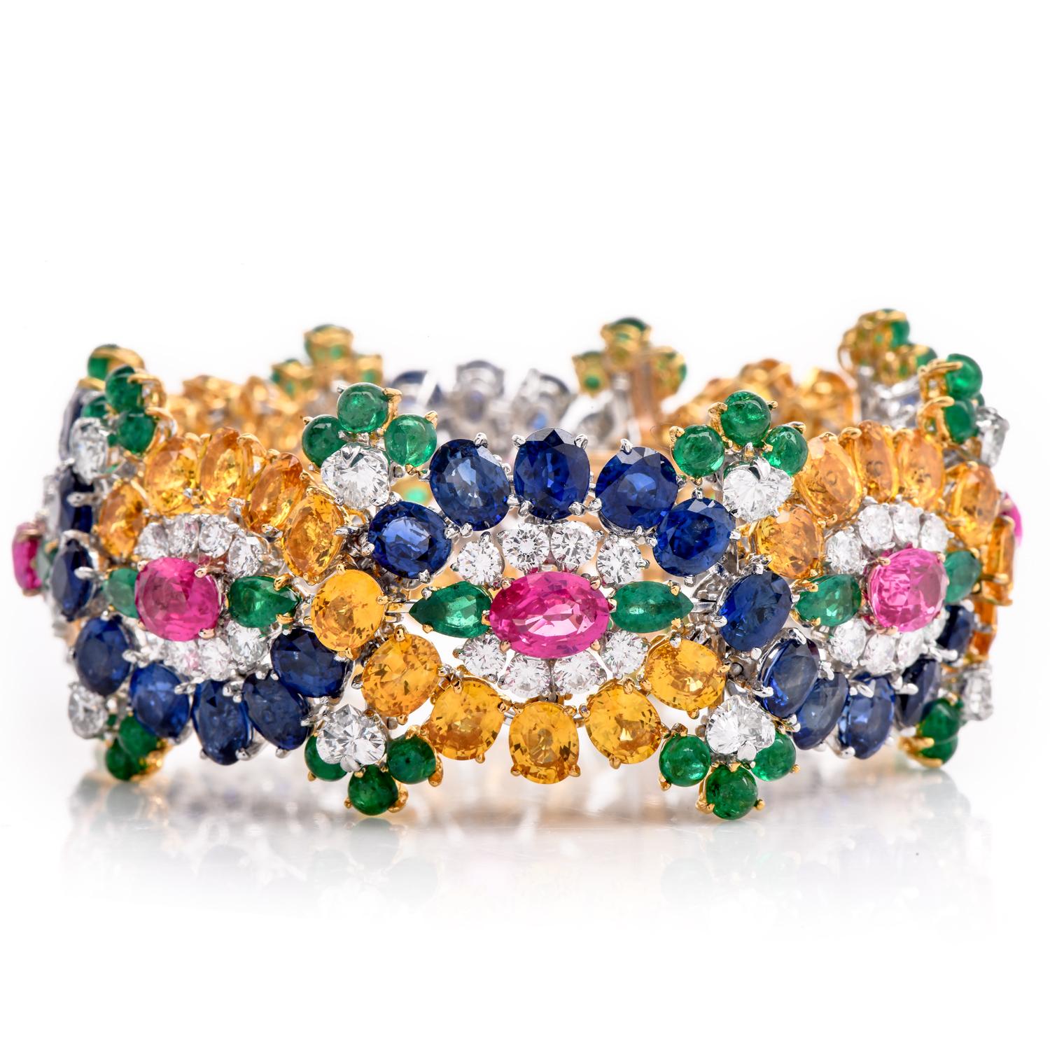 GIA Sapphire Diamond Emerald Platinum 18K Gold Floral Cluster Statement Earrings For Sale 1