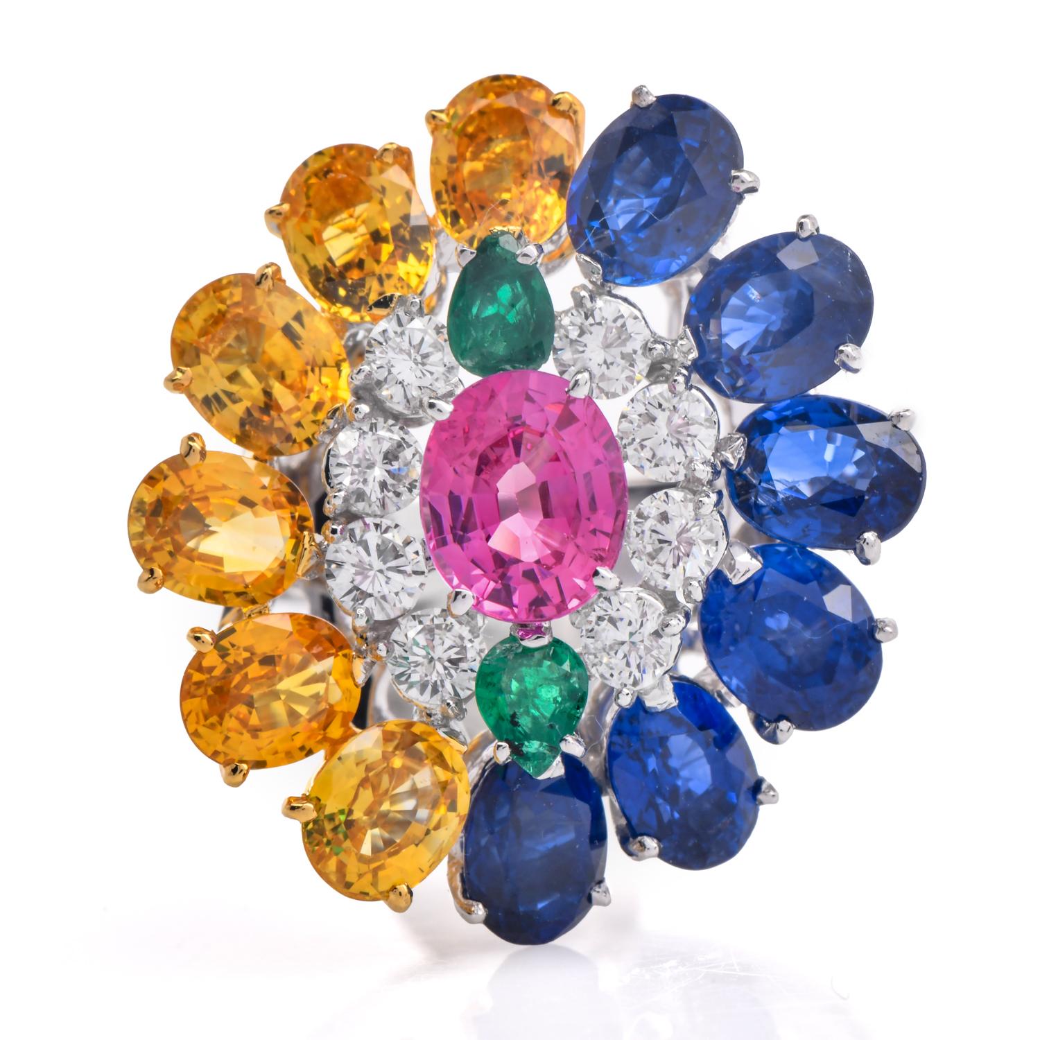 GIA Sapphire Diamond Emerald Platinum 18K Gold Floral Cluster Statement Earrings For Sale 2