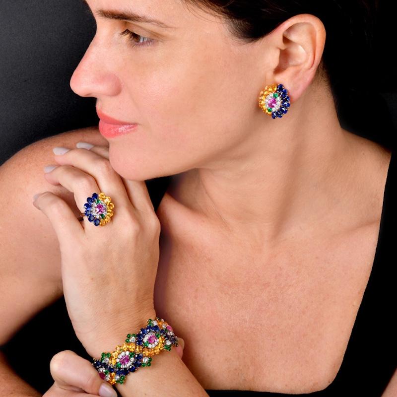 GIA Sapphire Diamond Emerald Platinum 18K Gold Floral Cluster Statement Earrings For Sale 3