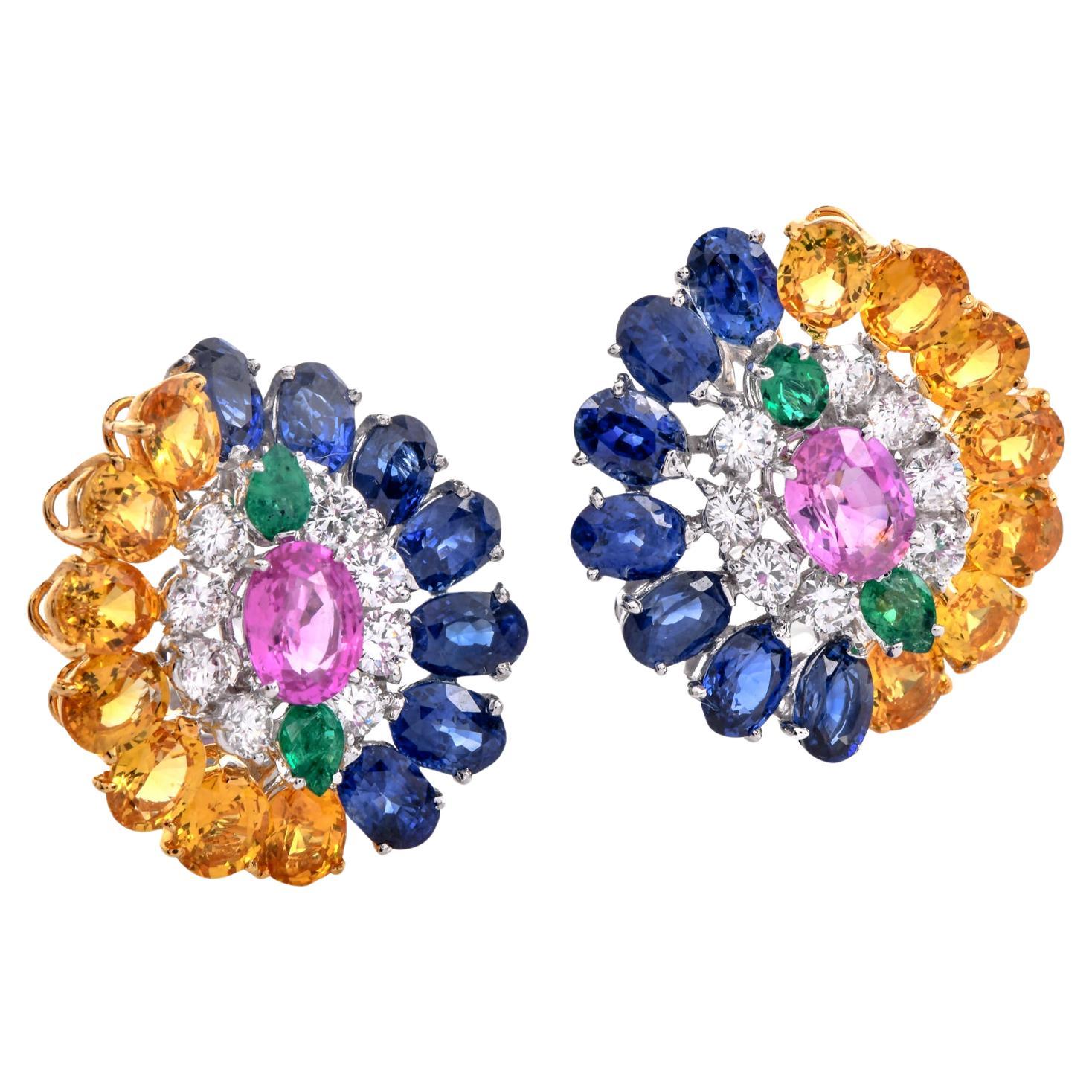 GIA Sapphire Diamond Emerald Platinum 18K Gold Floral Cluster Statement Earrings For Sale