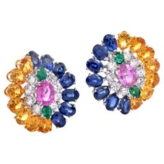 GIA Sapphire Diamond Emerald Platinum 18K Gold Floral Cluster Statement Earrings
