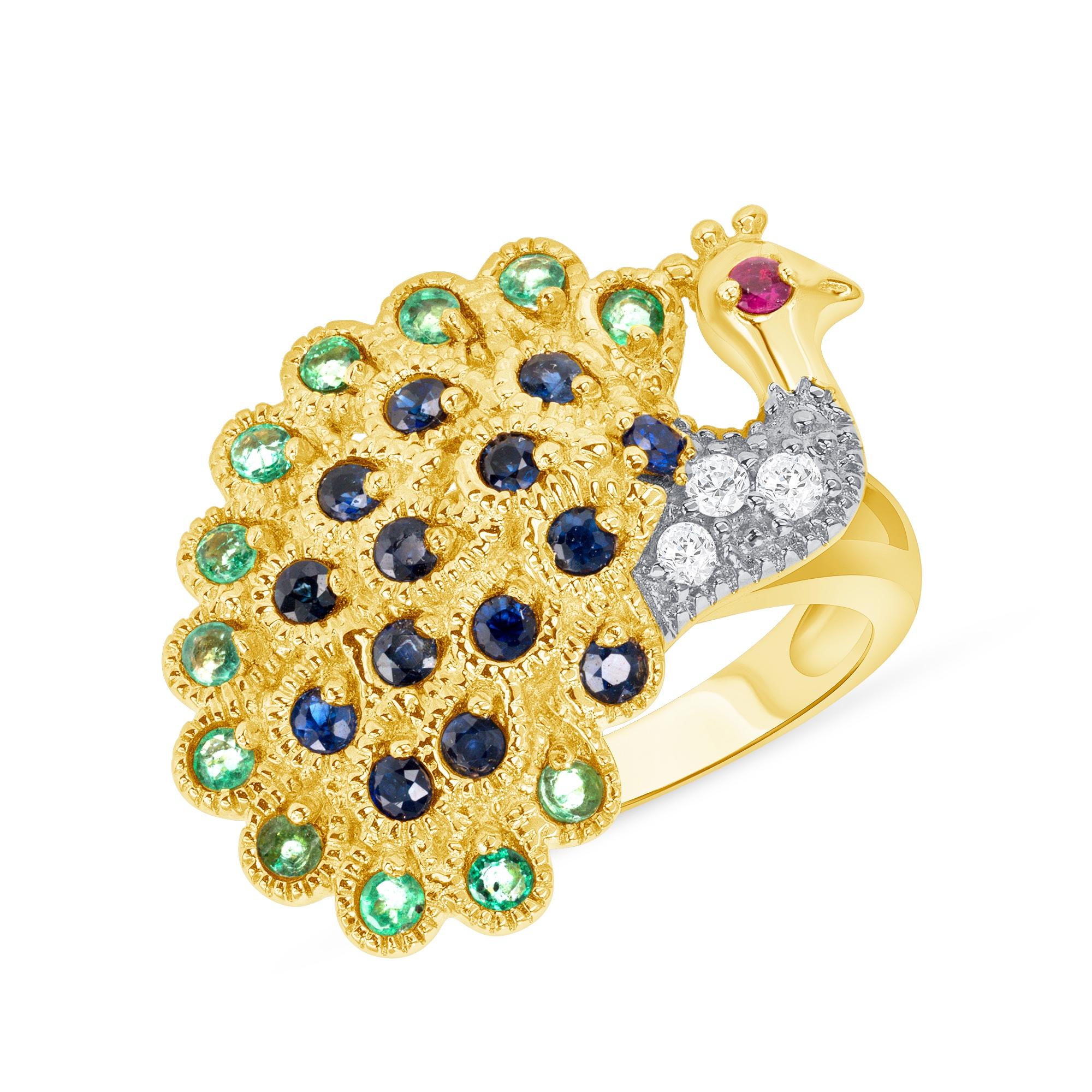 Sapphire Diamond Emerald Ruby Yellow Gold Peacock Cluster Ring, In Stock.

This peacock-shaped ring made out of gemstones is a colorful cluster ring! It has a 0.24-carat total weight of emeralds, a 0.30-carat total weight of sapphires, a 0.08-carat