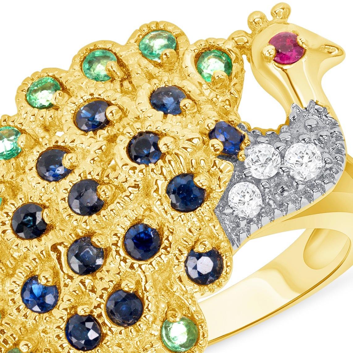 Sapphire Diamond Emerald Ruby Yellow Gold Peacock Cluster Ring In New Condition For Sale In Woodstock, GA