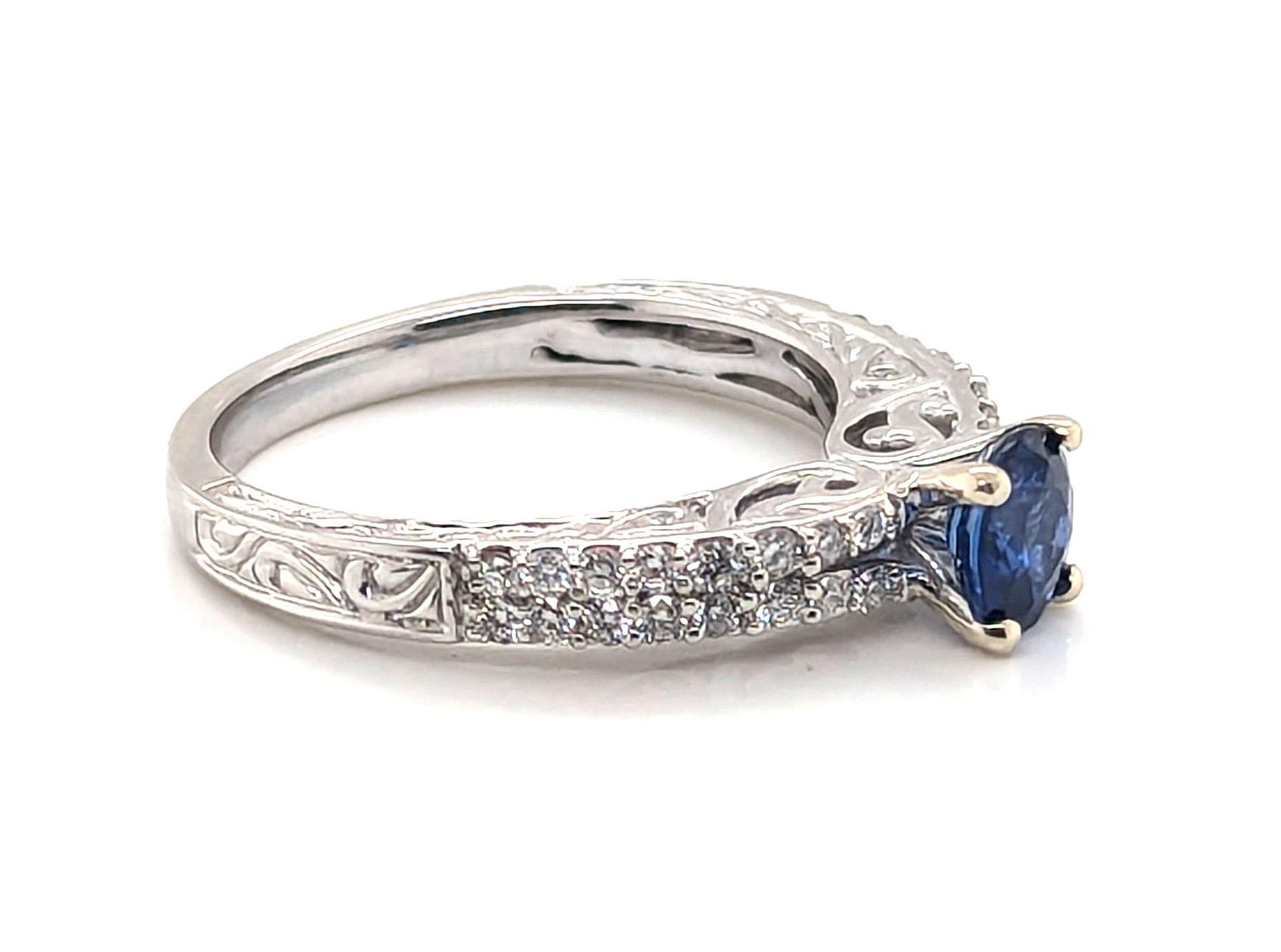 Taglio rotondo Anello di fidanzamento con zaffiro e diamante 1,23ct in oro bianco 14K &New in vendita