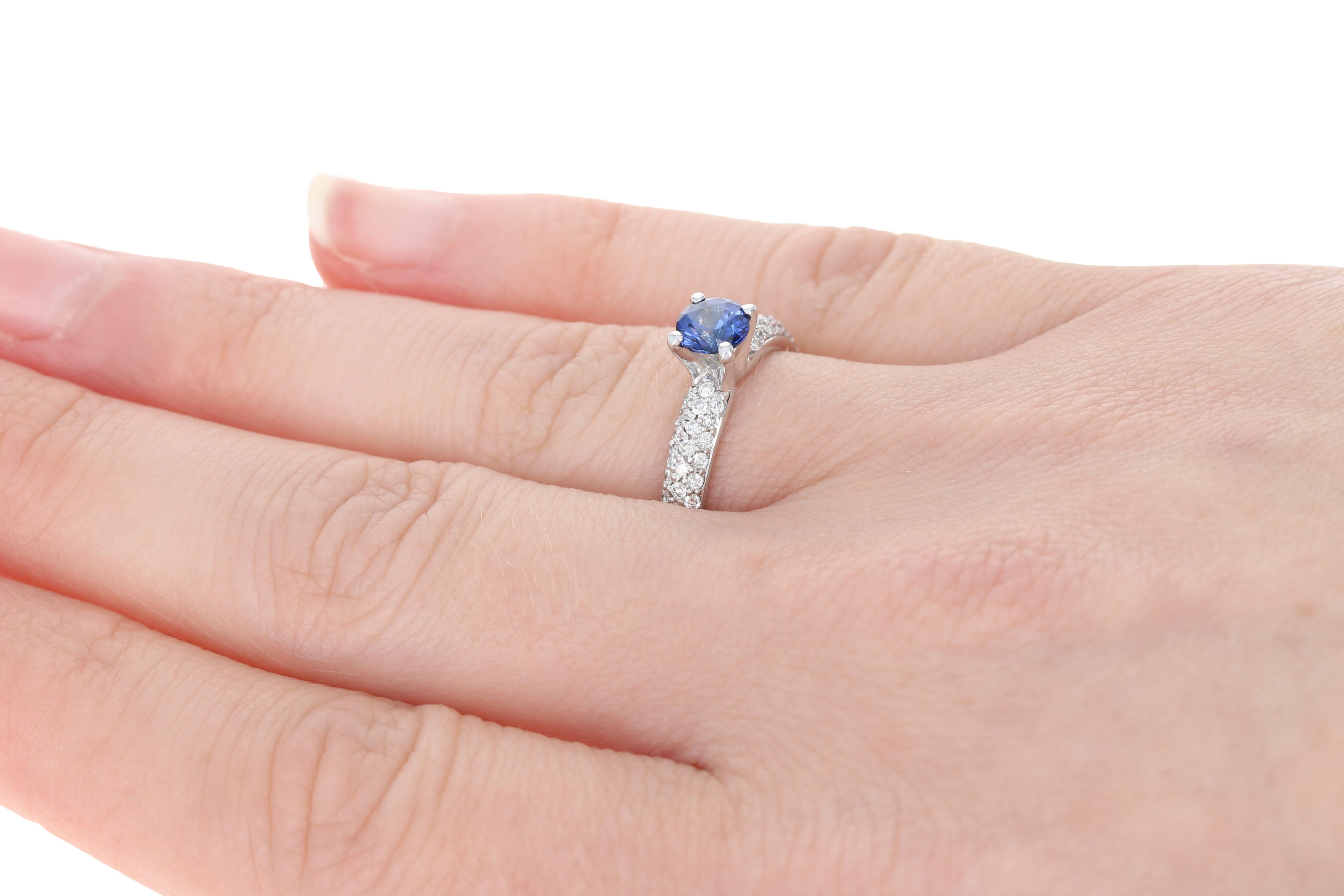 Sapphire and Diamond Engagement Ring, 14 Karat White Gold Round Cut 1.17 Carat 1