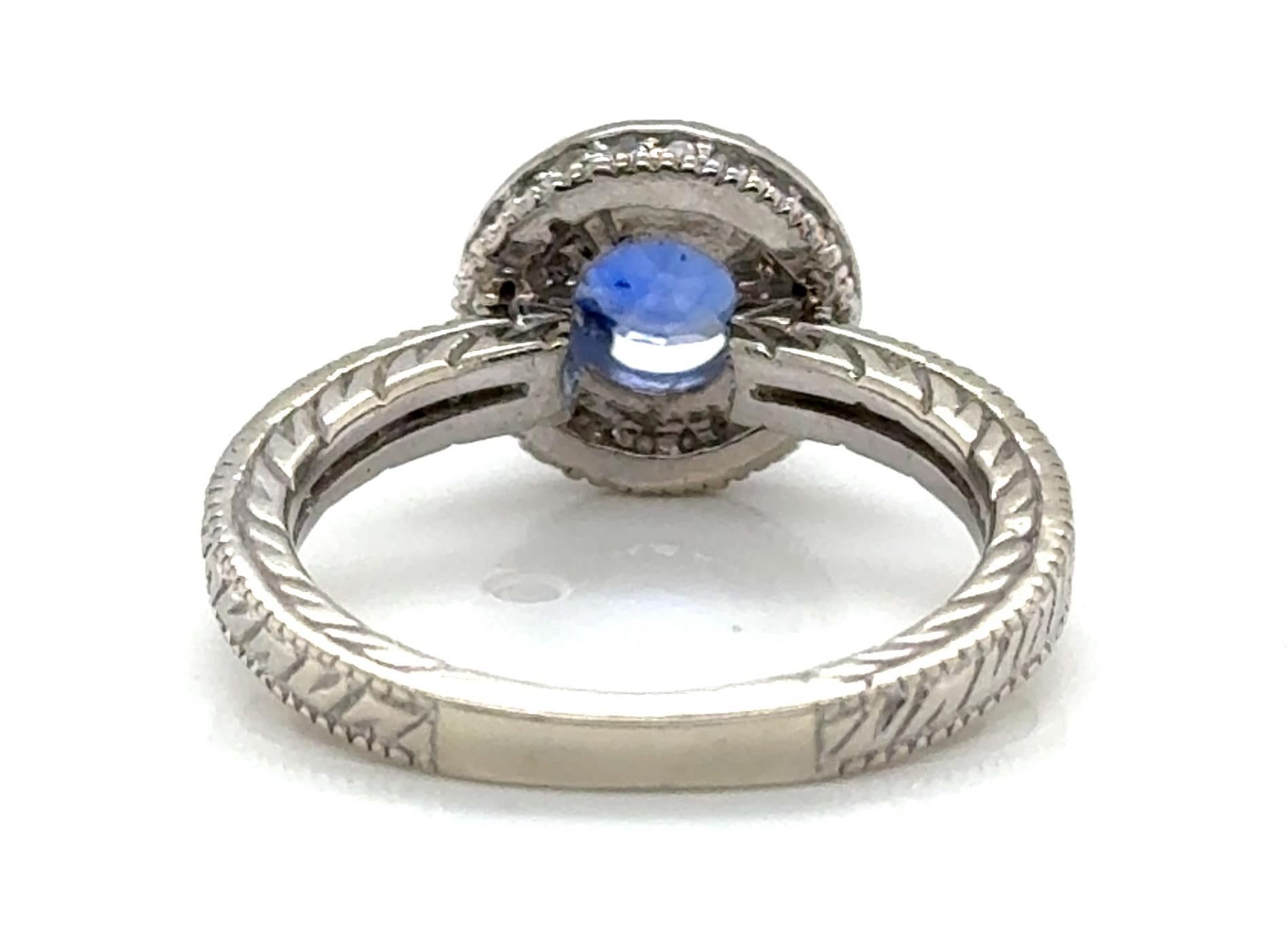 Sapphire Diamond Engagement Ring 1.65ct Engraved 14K White Gold Birthstone For Sale 1