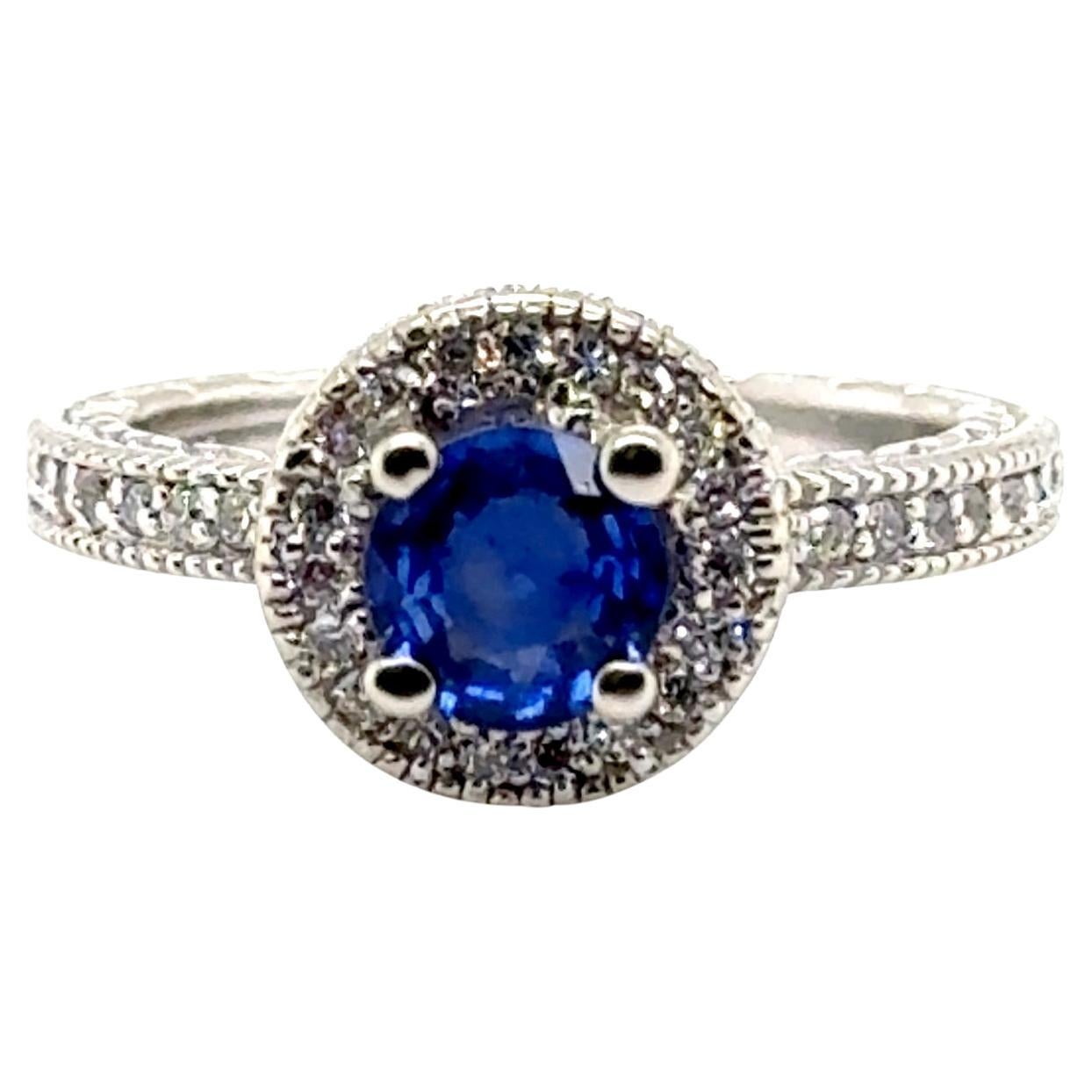 Sapphire Diamond Engagement Ring 1.65ct Engraved 14K White Gold Birthstone For Sale