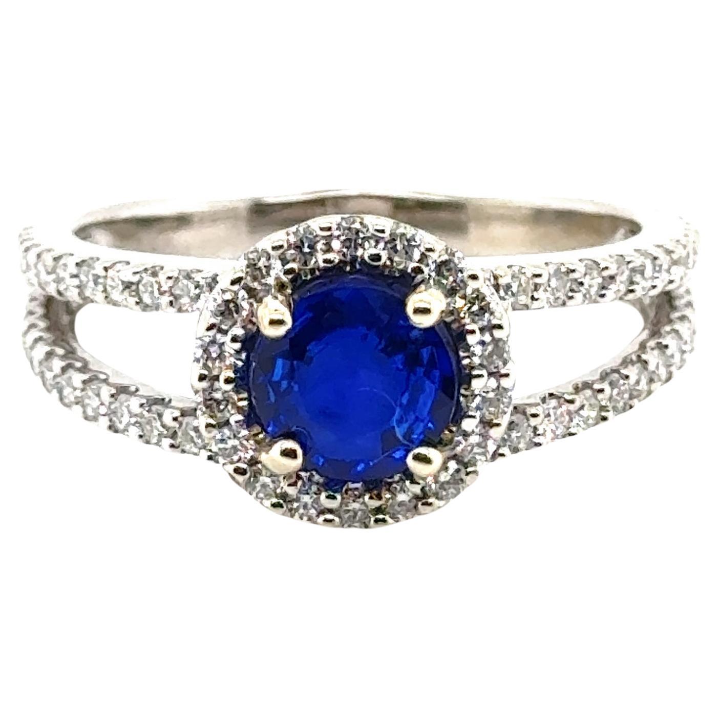 Sapphire Diamond Engagement Ring 2.12ct Split Shank 14K White Gold Birthstone For Sale