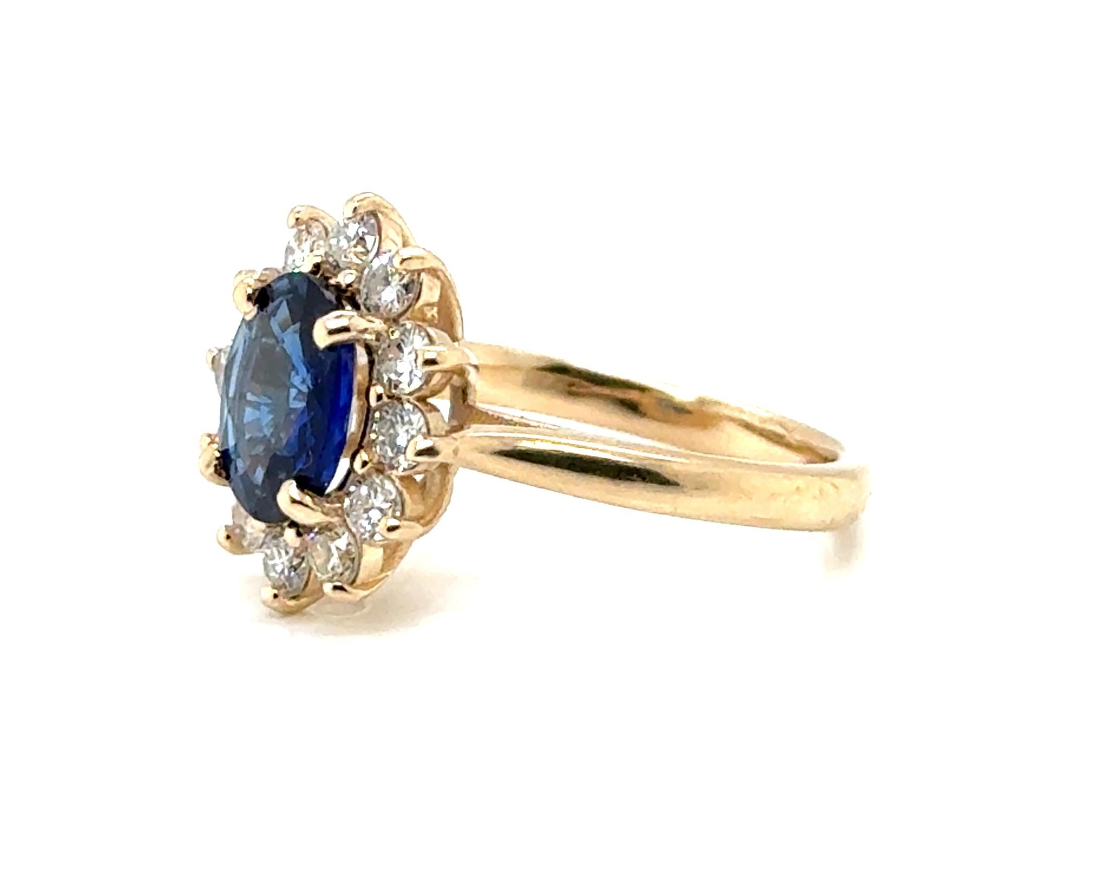 Sapphire Diamond Engagement Ring 2.59ct 14K Yellow Gold Princess Di Ring


Featuring a 1.89ct Natural Oval Cut Sapphire Gemstone

Nestled in a Halo of 12 D-F/VVS-SI Round Brilliant Cut Diamonds

Under-Gallery Has Open Work with Design

Smaller