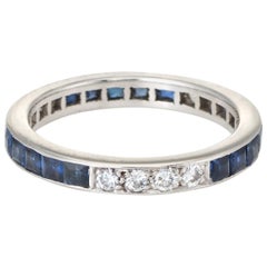 Sapphire Diamond Eternity Ring Platinum Vintage Fine Estate Jewelry