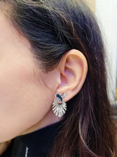 Elegant 18K White Gold Sapphire and Diamond Fan Earrings, 2.56ct