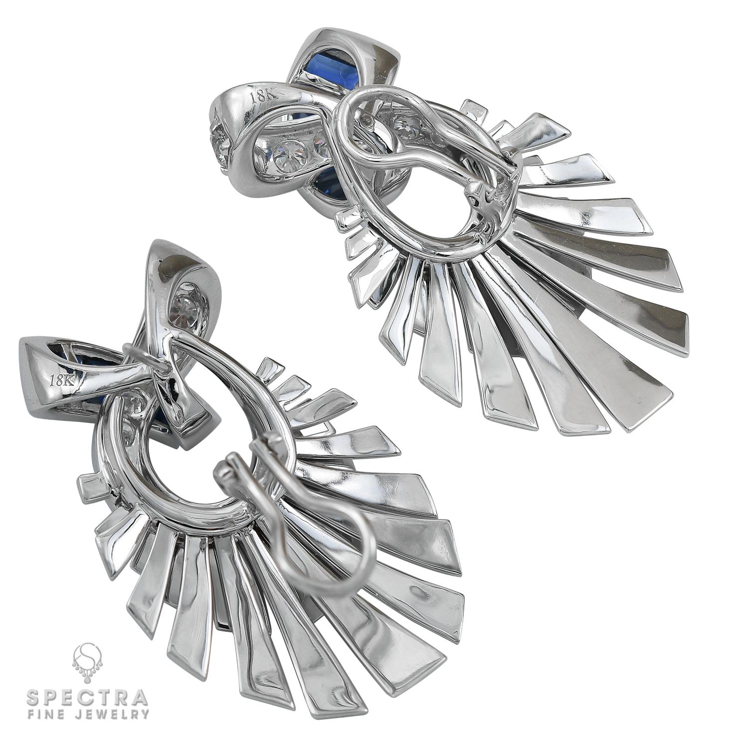 Baguette Cut Sapphire Diamond Fan Earrings For Sale