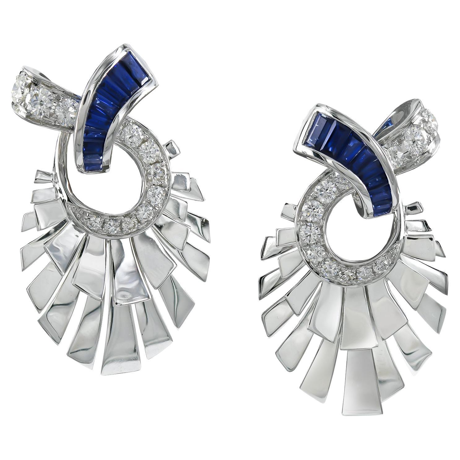 Sapphire Diamond Fan Earrings For Sale