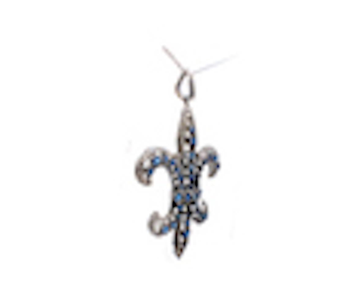 Lovely, Sapphire & Diamond Fleur De Lis Pendant, Necklace 18 Karat and Chain.

Black oxidized over white gold pendant measuring 2.25 inches long and with the diamond bail, extends to 3 inches.

Blue sapphires are set in prong settings which are