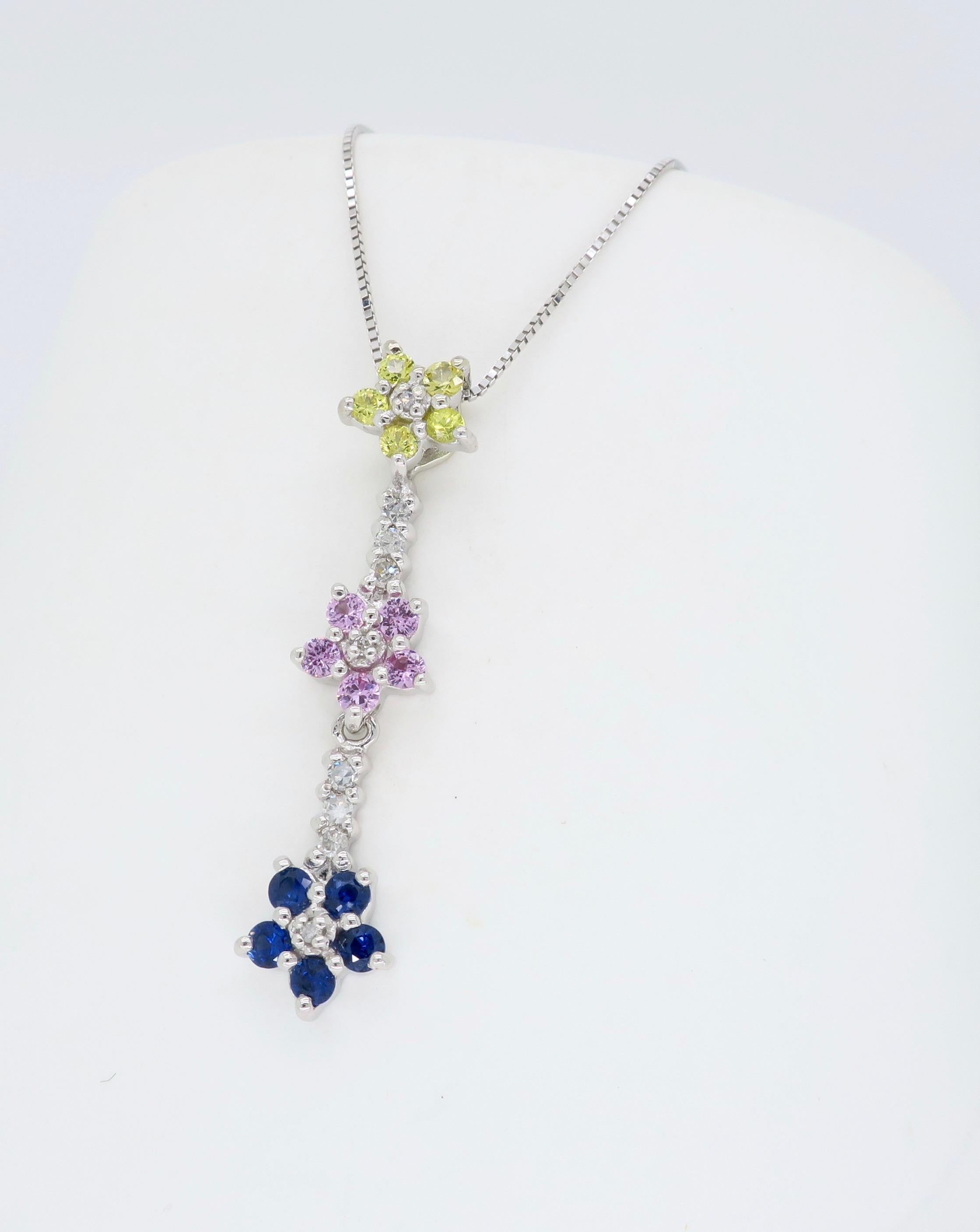 Women's Sapphire and Diamond Floral Drop Pendant Necklace For Sale