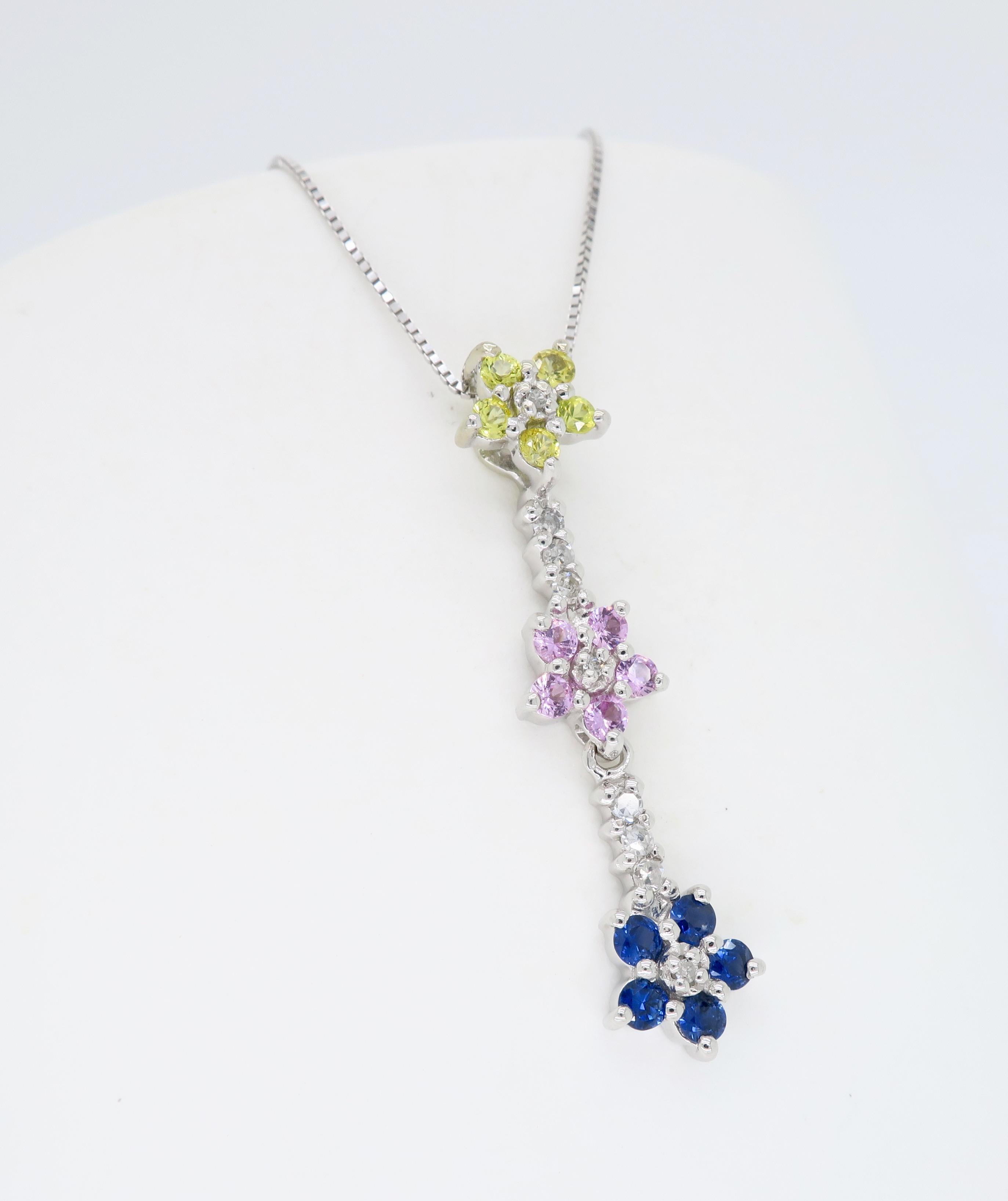 Sapphire and Diamond Floral Drop Pendant Necklace For Sale 1
