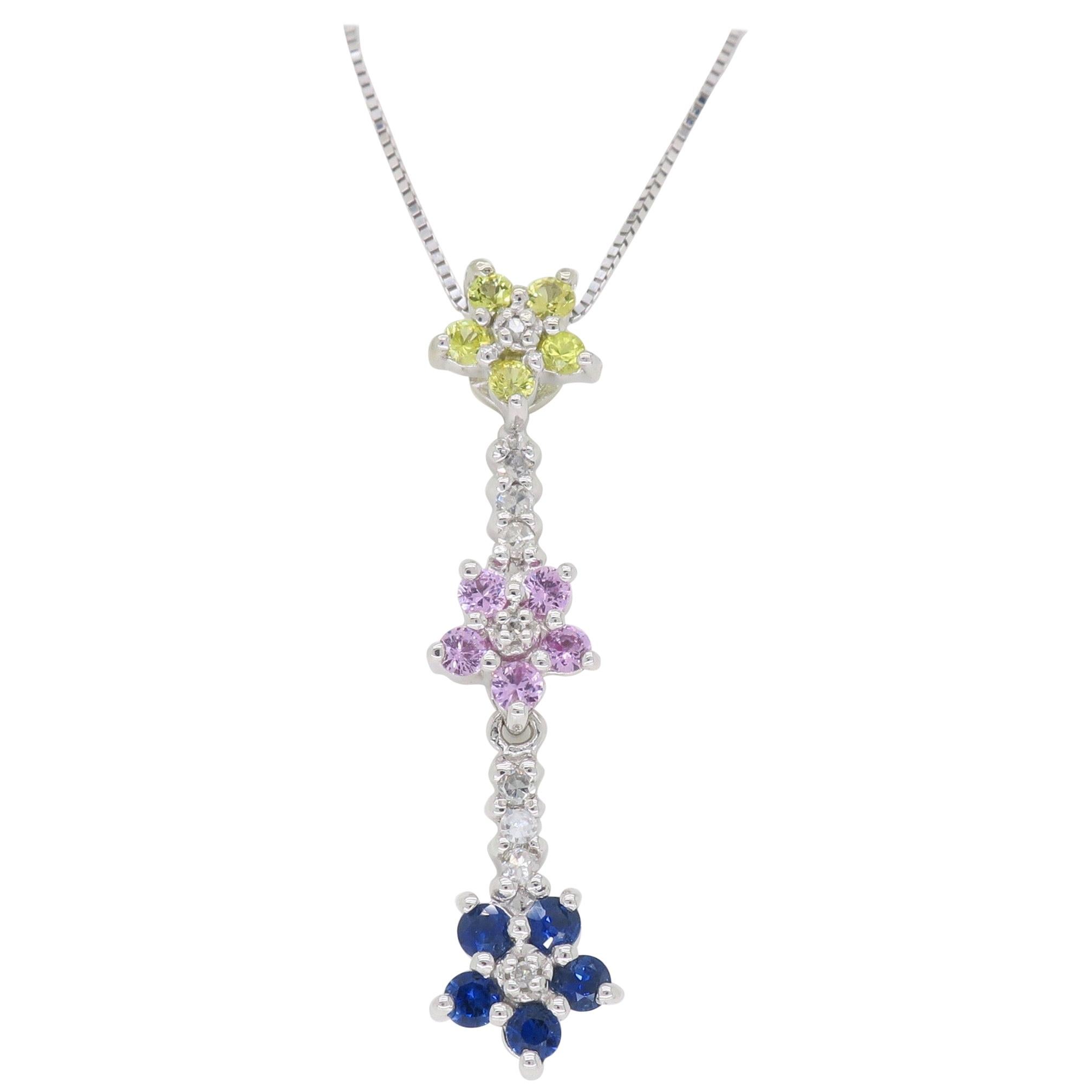 Sapphire and Diamond Floral Drop Pendant Necklace For Sale