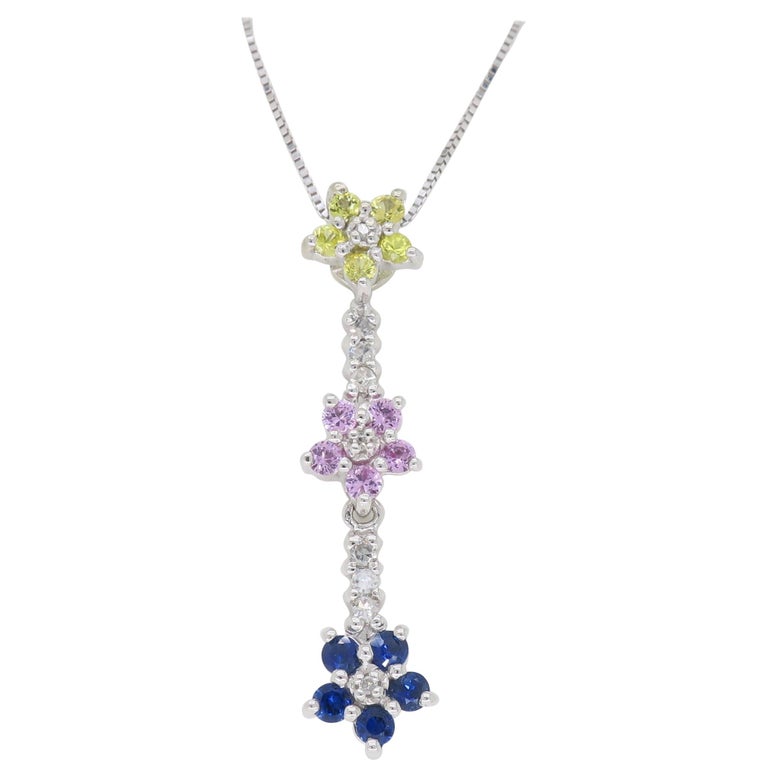 Sapphire and Diamond Floral Drop Pendant Necklace For Sale at 1stDibs