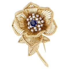 Sapphire & Diamond Flower Brooch in 18k Yellow Gold with Approximately 1 Carat 