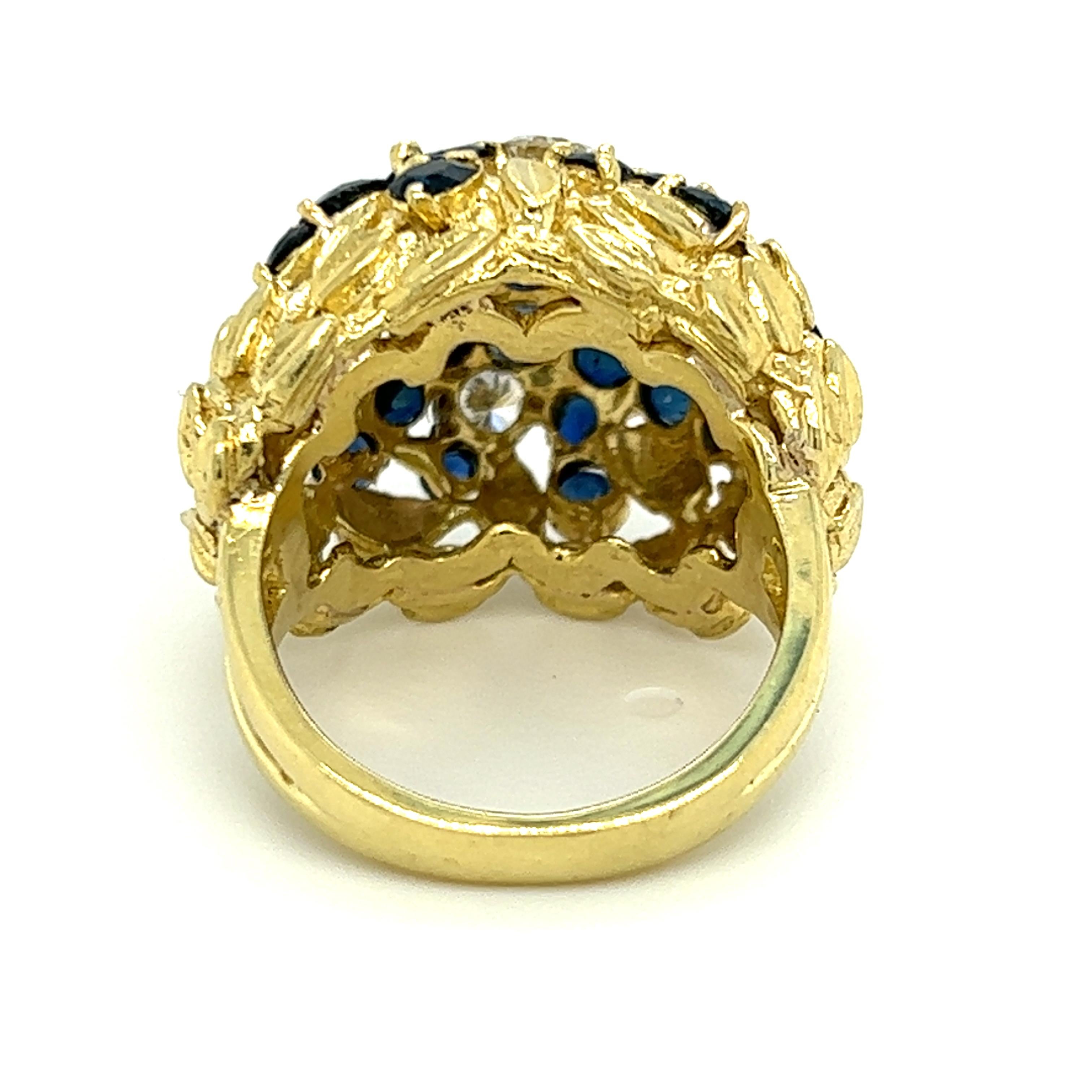 Contemporary Sapphire & Diamond Flower Design Dome Ring in 18K Yellow Gold  For Sale