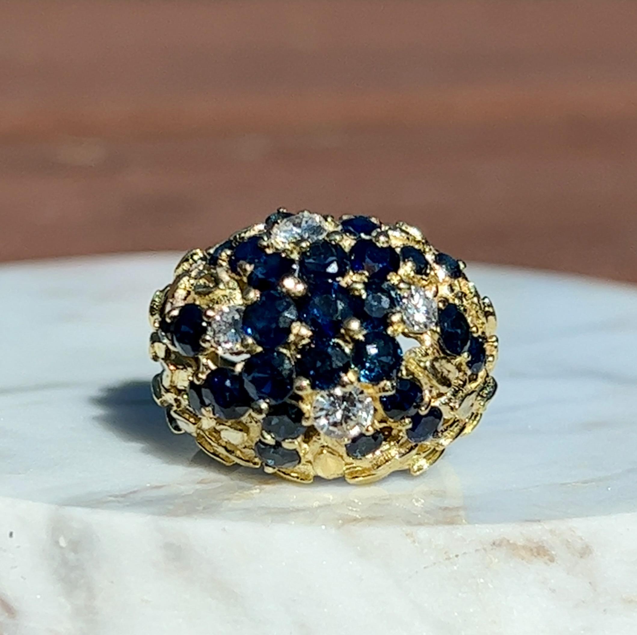 Round Cut Sapphire & Diamond Flower Design Dome Ring in 18K Yellow Gold  For Sale