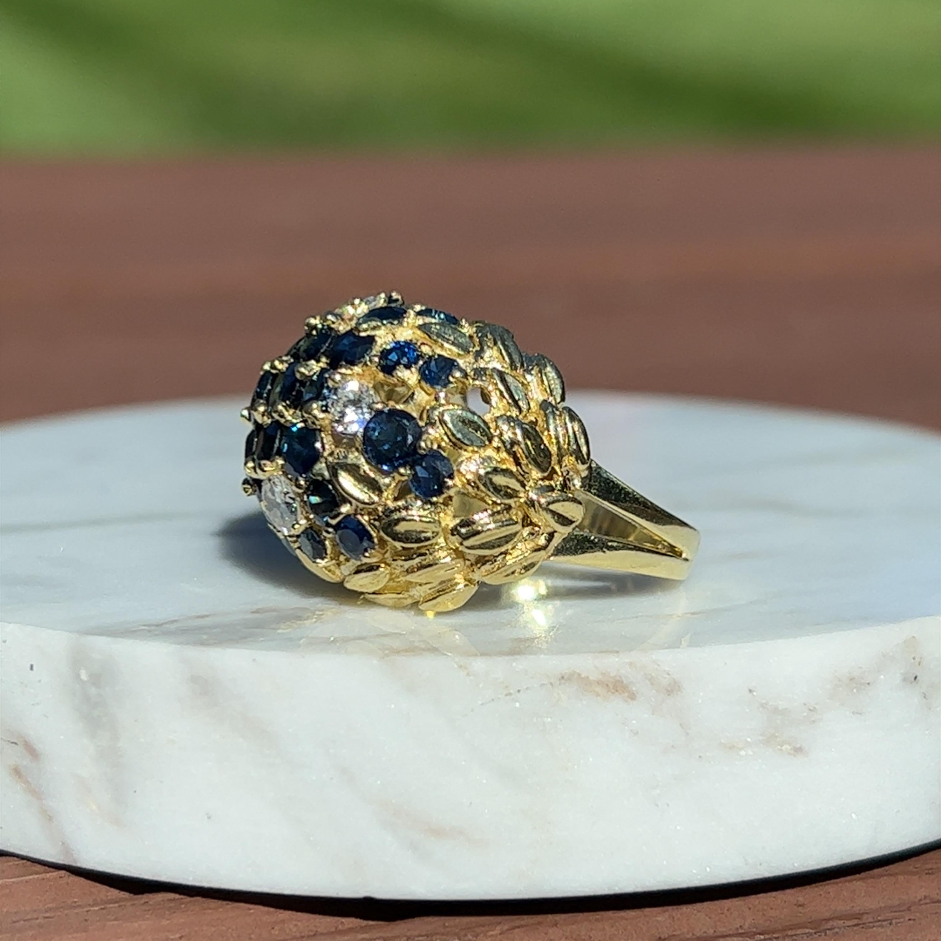 Women's Sapphire & Diamond Flower Design Dome Ring in 18K Yellow Gold  For Sale