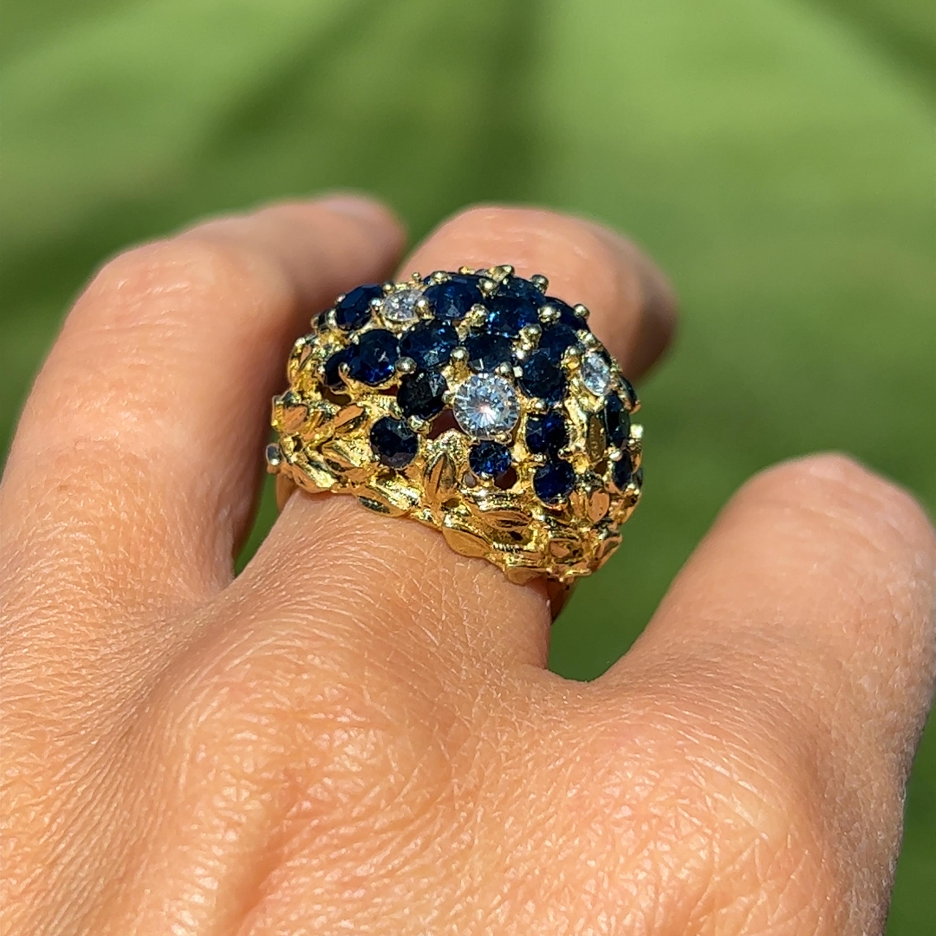Sapphire & Diamond Flower Design Dome Ring in 18K Yellow Gold  For Sale 1