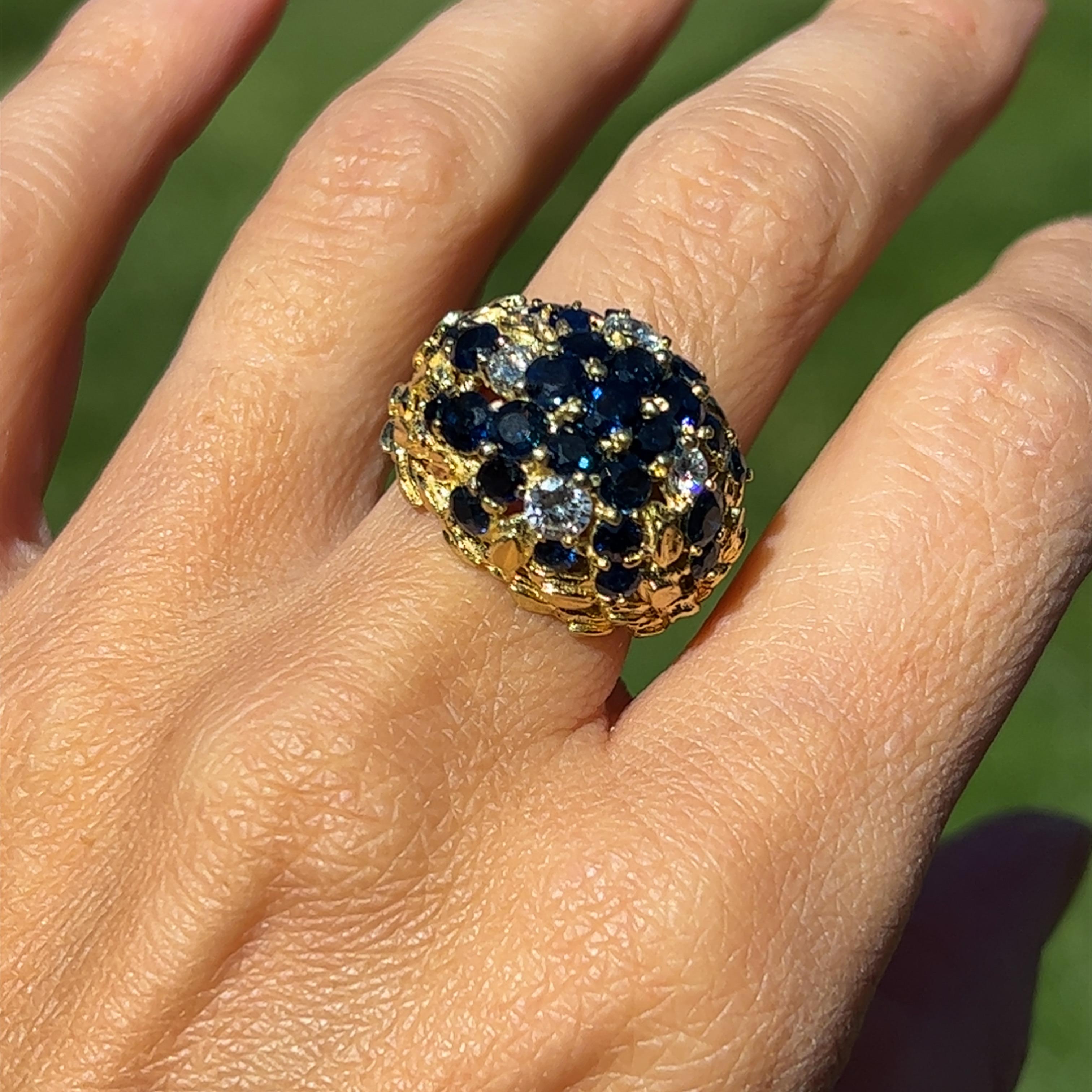 Sapphire & Diamond Flower Design Dome Ring in 18K Yellow Gold  For Sale 2