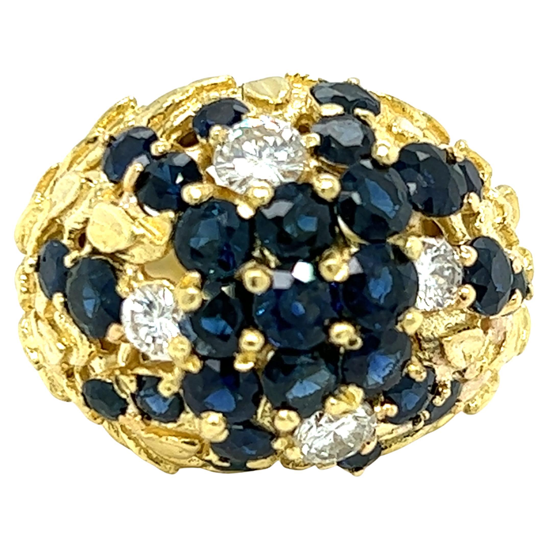Sapphire & Diamond Flower Design Dome Ring in 18K Yellow Gold 
