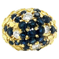 Retro Sapphire & Diamond Flower Design Dome Ring in 18K Yellow Gold 