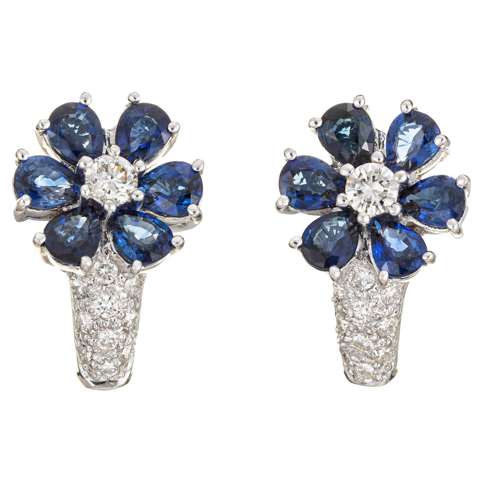 Sapphire Diamond Flower Earrings Shrimp 18k White Gold Estate Fine Jewelry