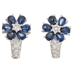 Sapphire Diamond Flower Earrings Shrimp 18k White Gold Estate Fine Jewelry