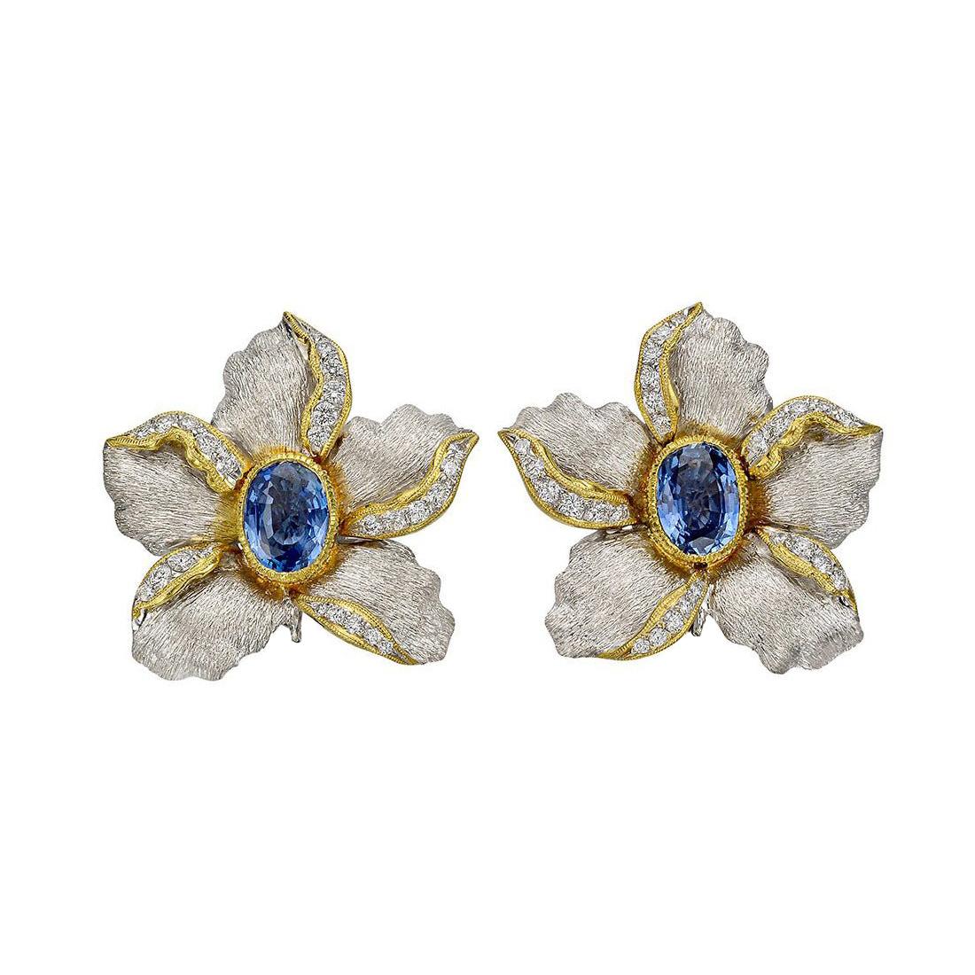 Brilliant Cut Sapphire Diamond Flower Earrings with Pearl Drops