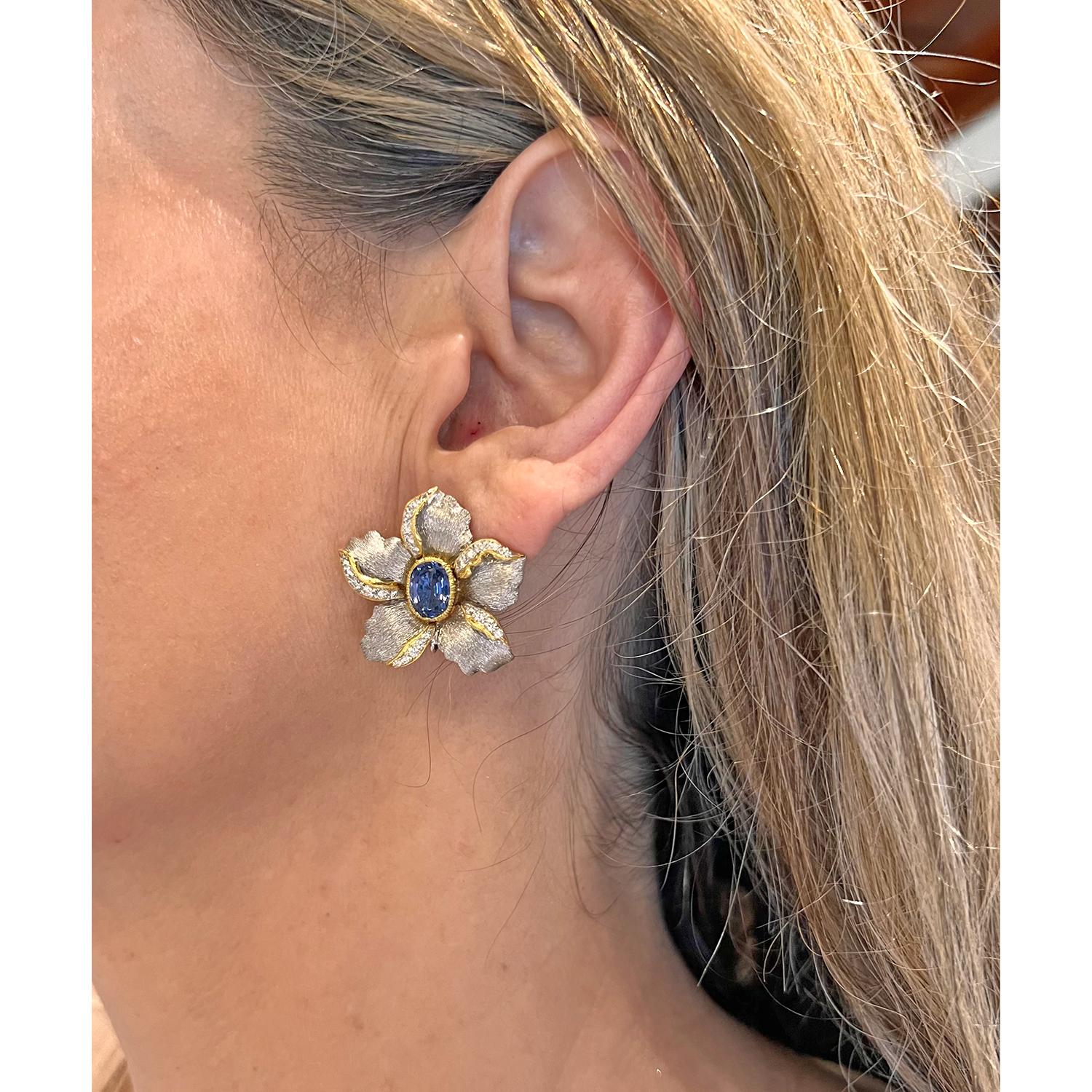 Sapphire Diamond Flower Earrings with Pearl Drops In Excellent Condition In Palm Beach, FL