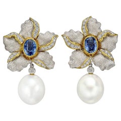 Sapphire Diamond Flower Earrings with Pearl Drops