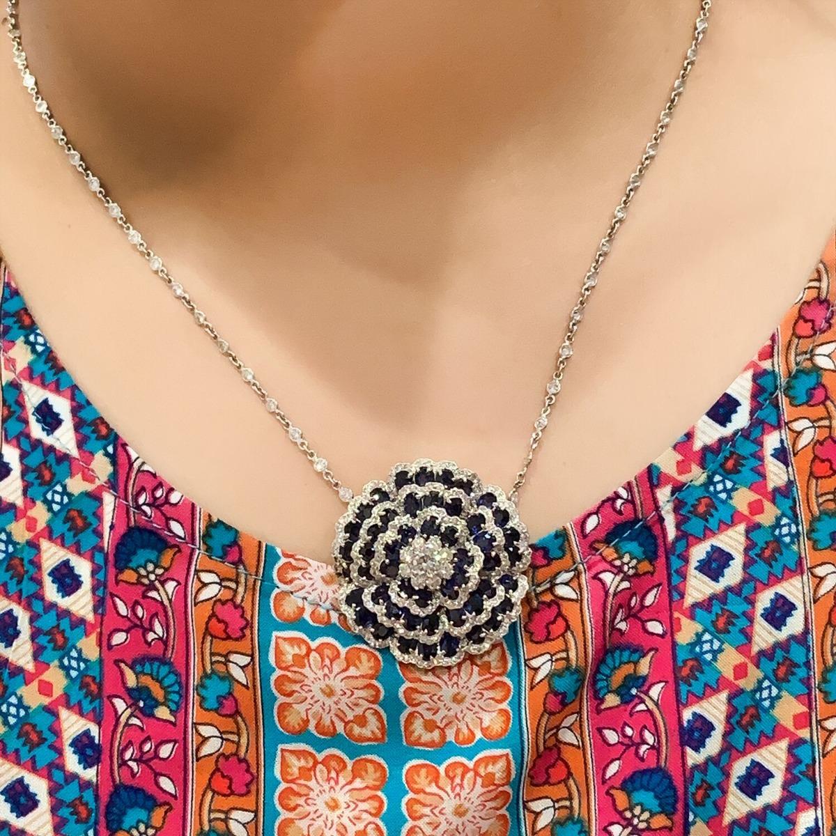 Sapphire Diamond Flower Necklace For Sale 1