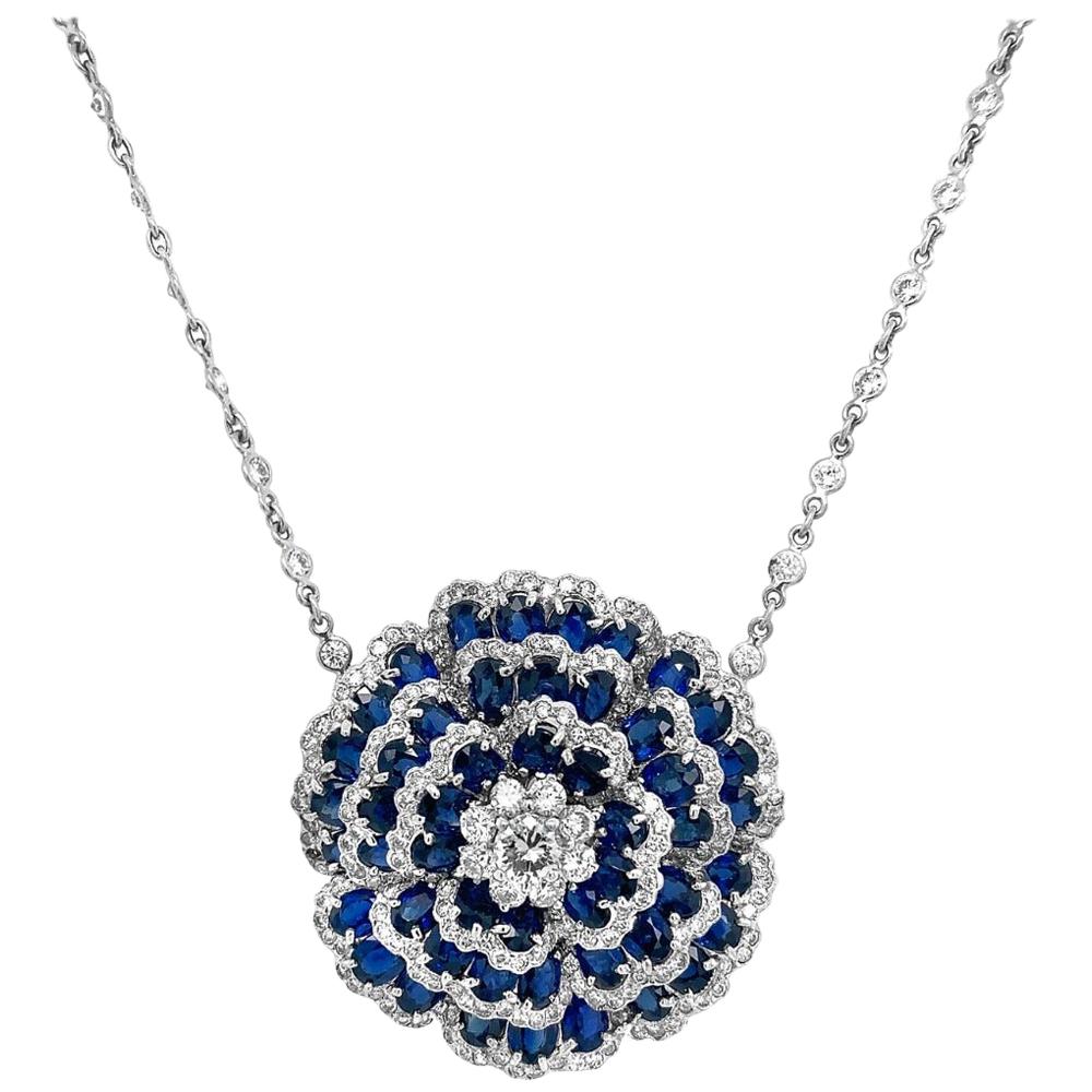 Sapphire Diamond Flower Necklace For Sale