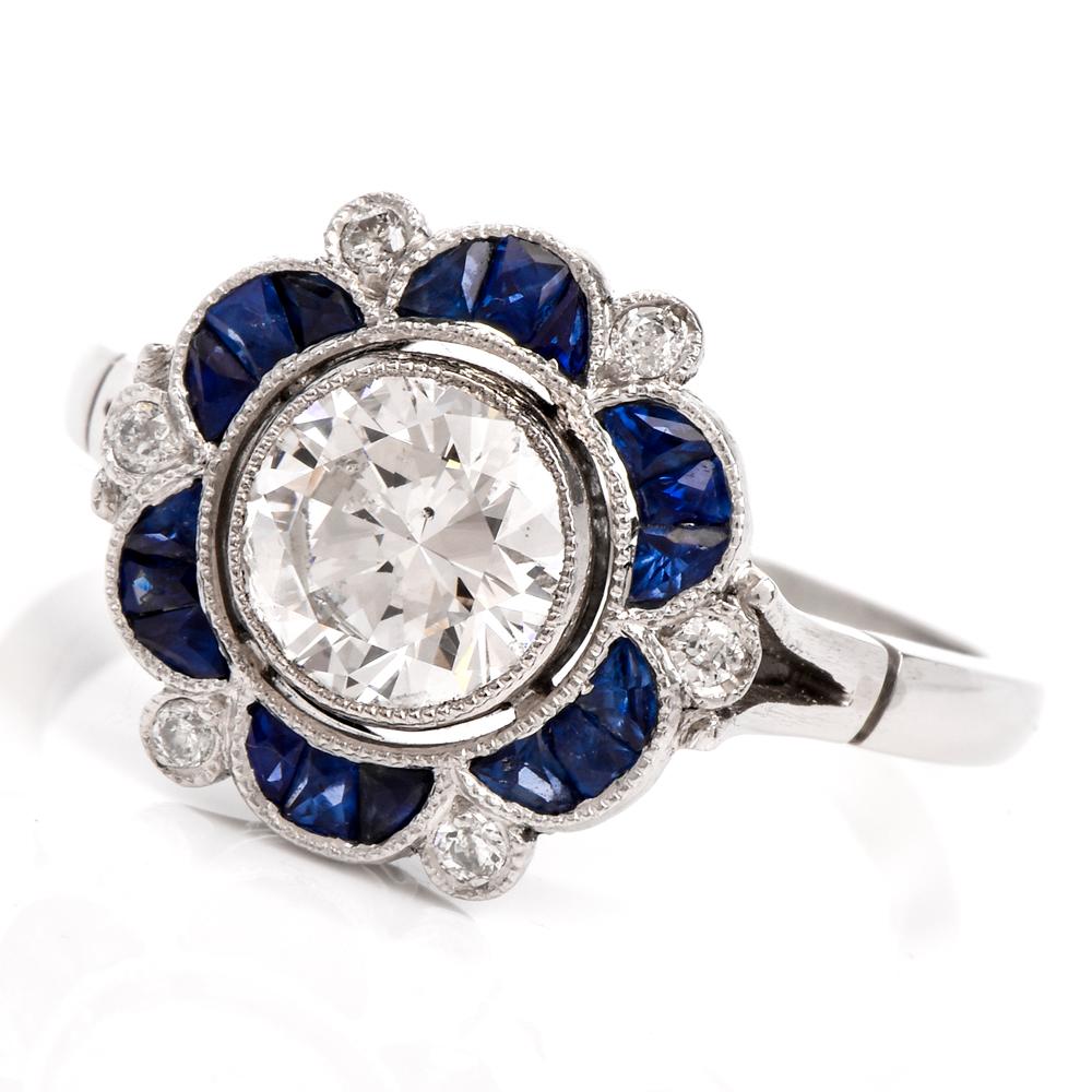 Round Cut Sapphire Diamond Flower Platinum Engagement Ring