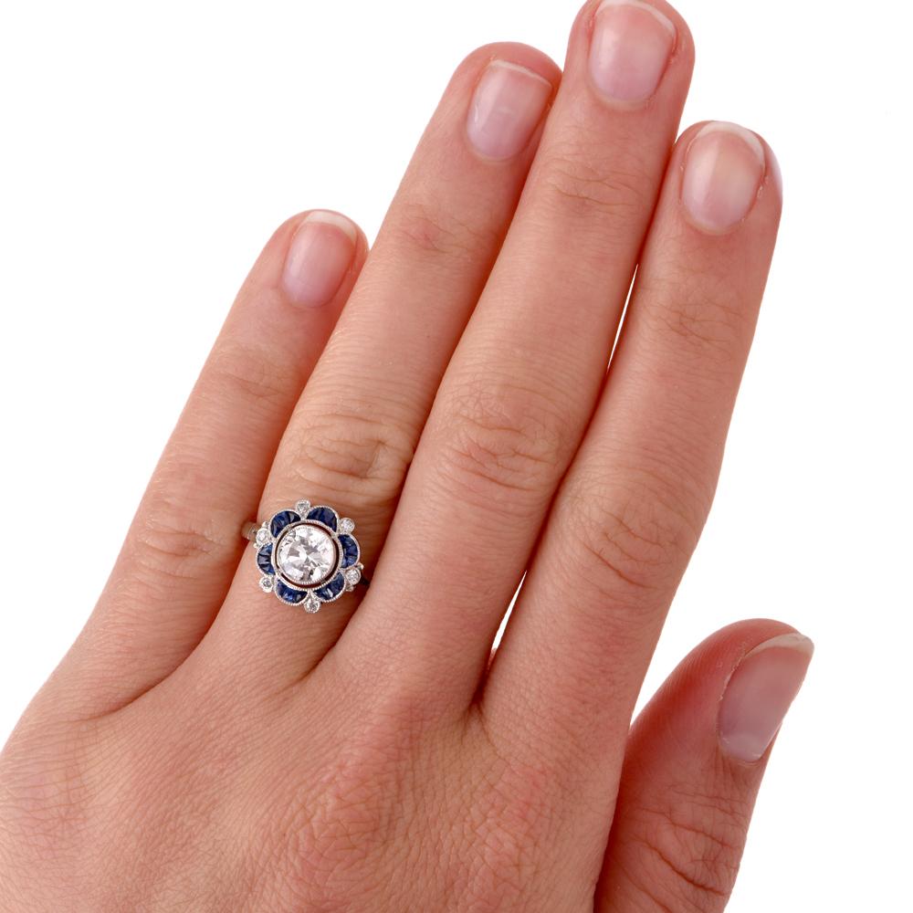 Sapphire Diamond Flower Platinum Engagement Ring In Excellent Condition In Miami, FL