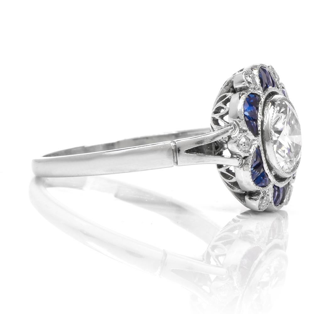 Women's or Men's Sapphire Diamond Flower Platinum Engagement Ring