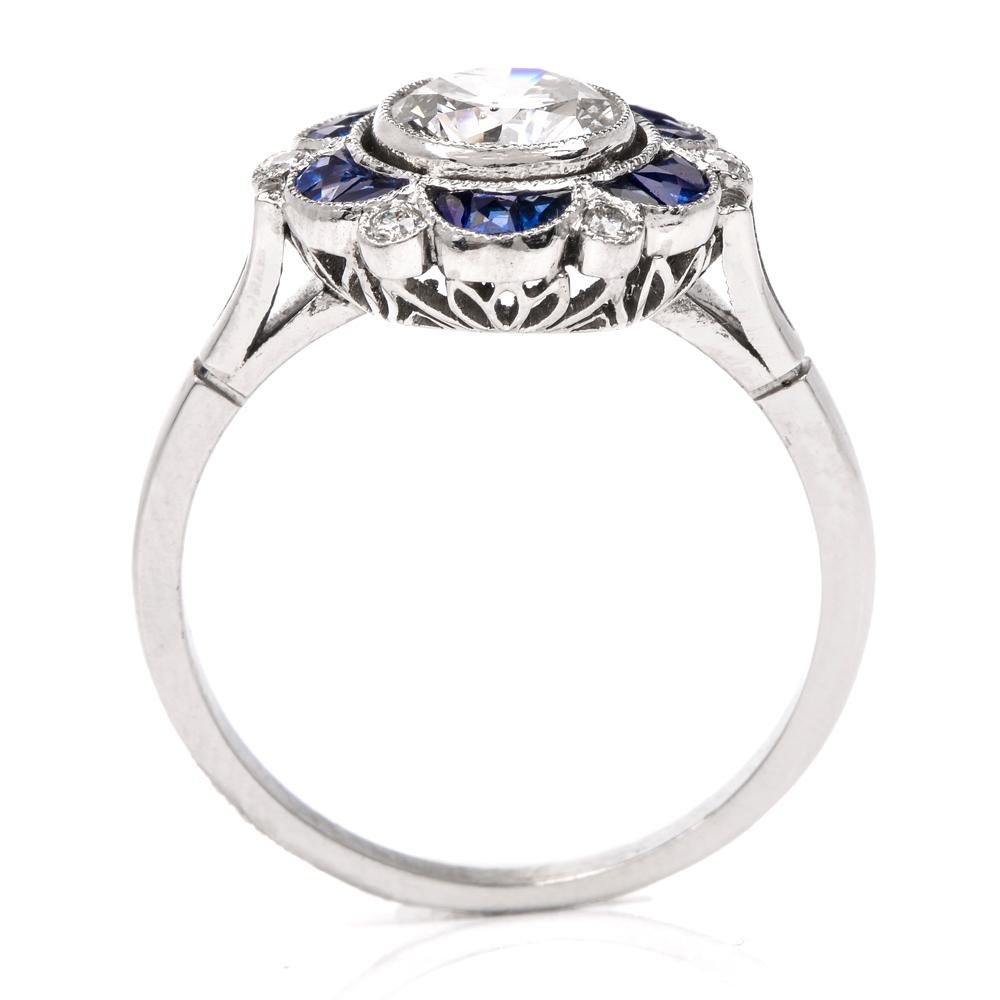 Sapphire Diamond Flower Platinum Engagement Ring 2