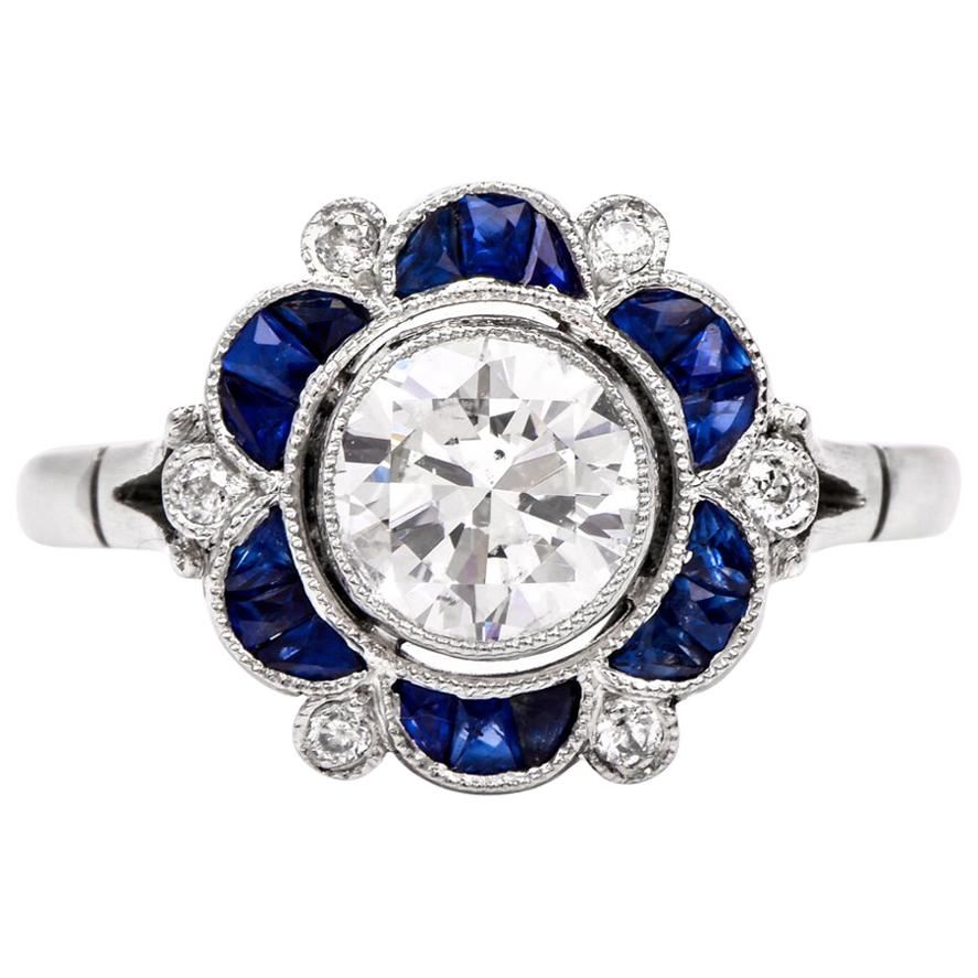 Sapphire Diamond Flower Platinum Engagement Ring