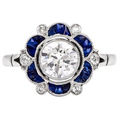 Sapphire Diamond Flower Platinum Engagement Ring