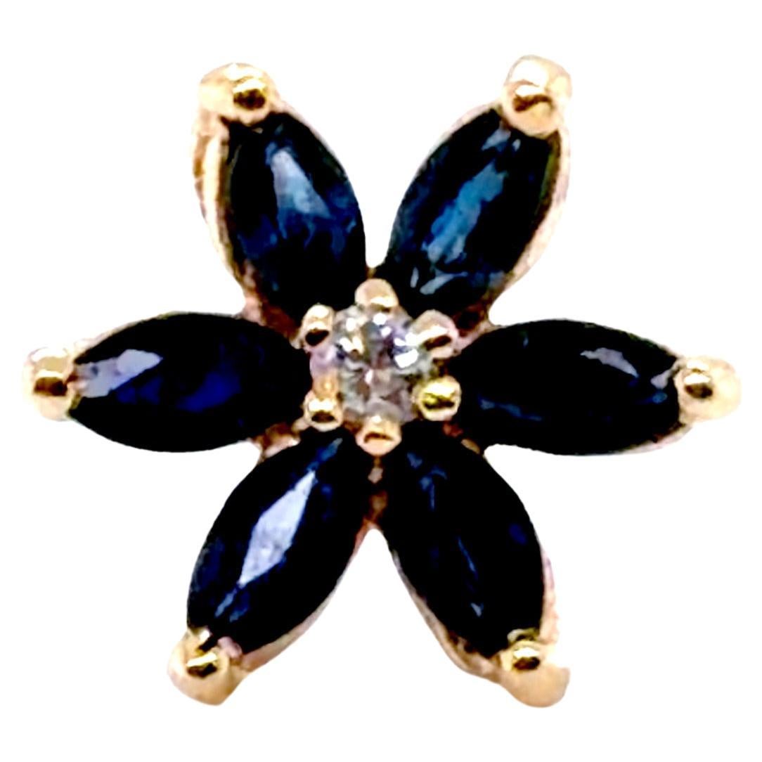 Sapphire Diamond Flower Single Stud Earring 1ct 14K Yellow Gold Marquise Cut For Sale