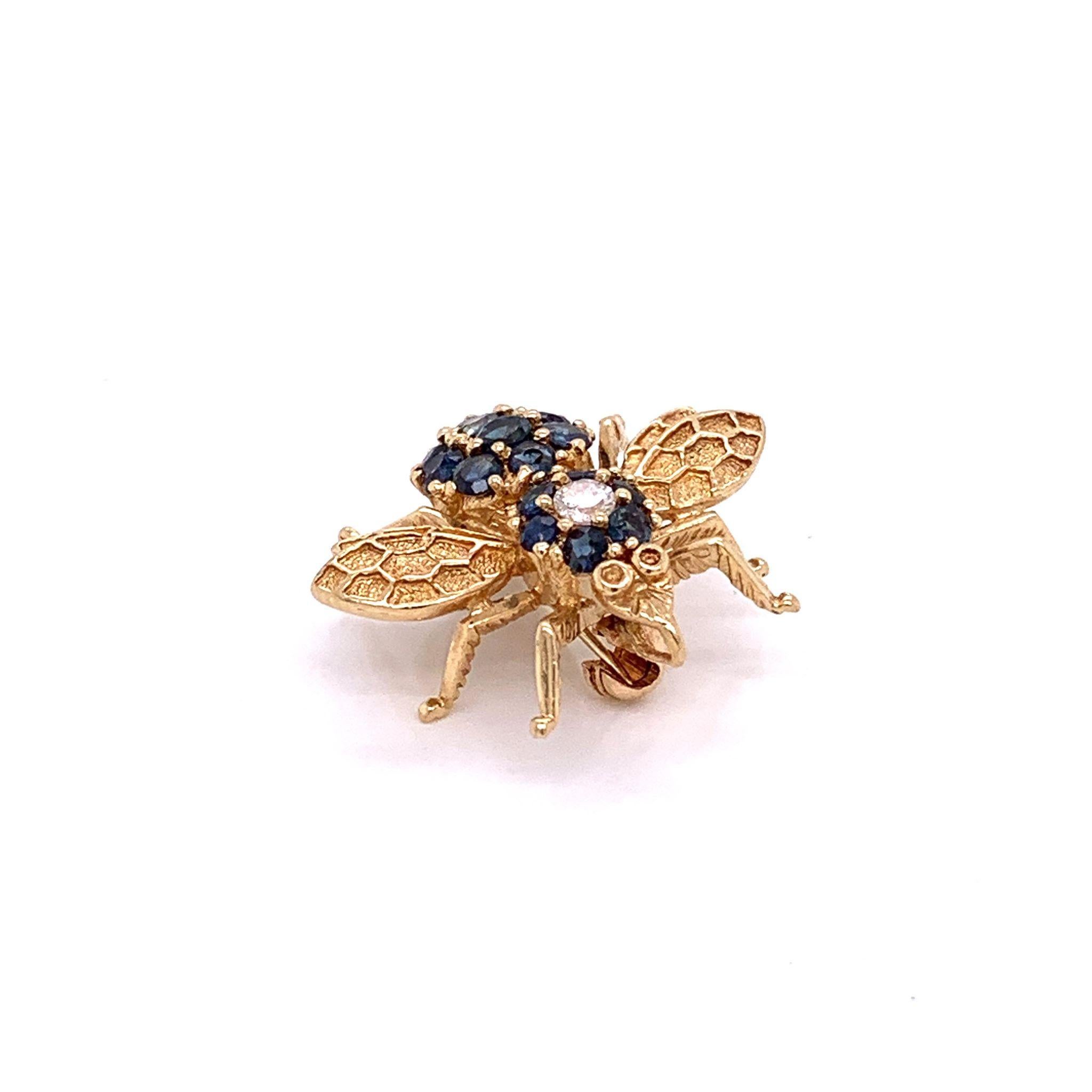 Round Cut Sapphire Diamond Gold Bee Pin