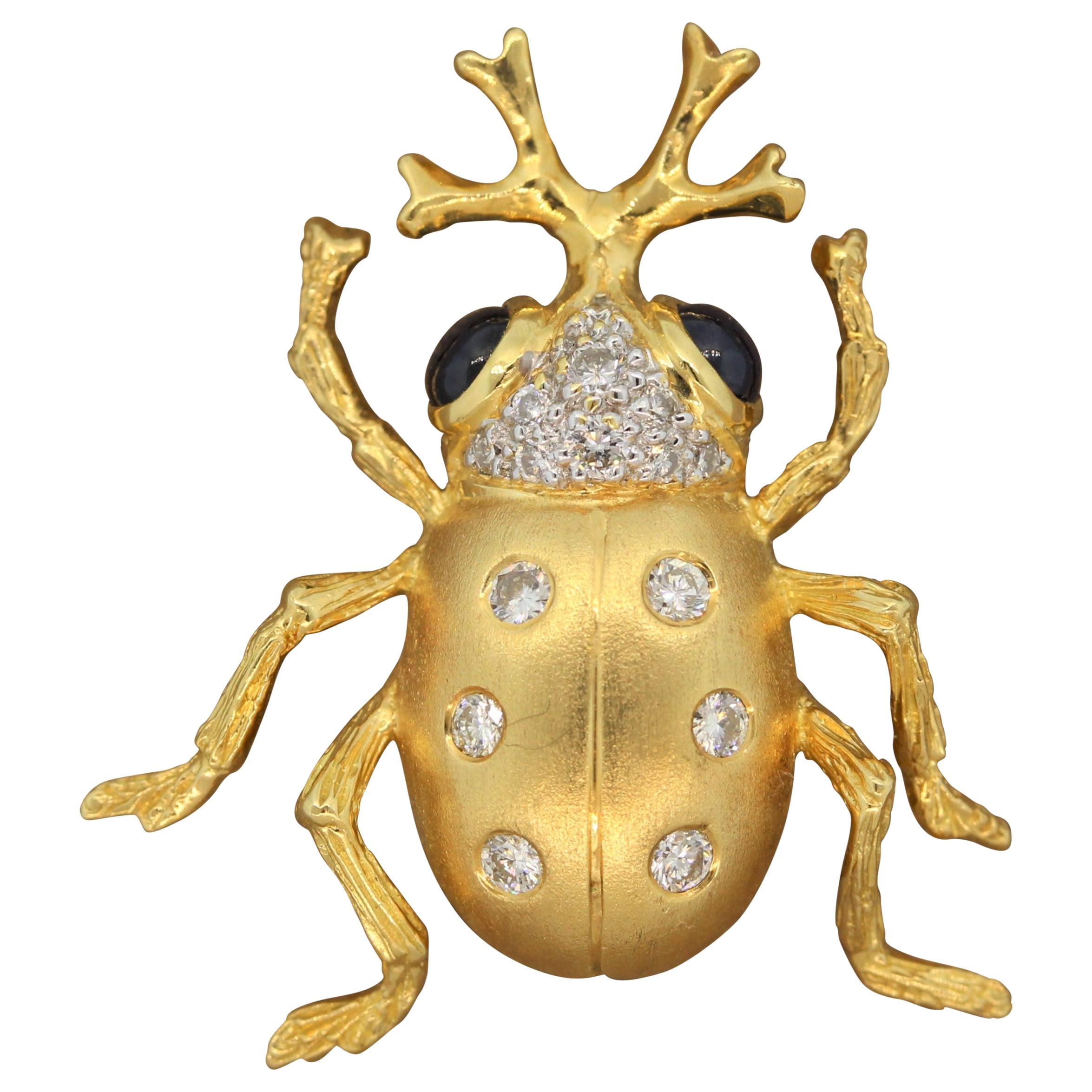 Sapphire Diamond Gold Beetle Brooch Pin